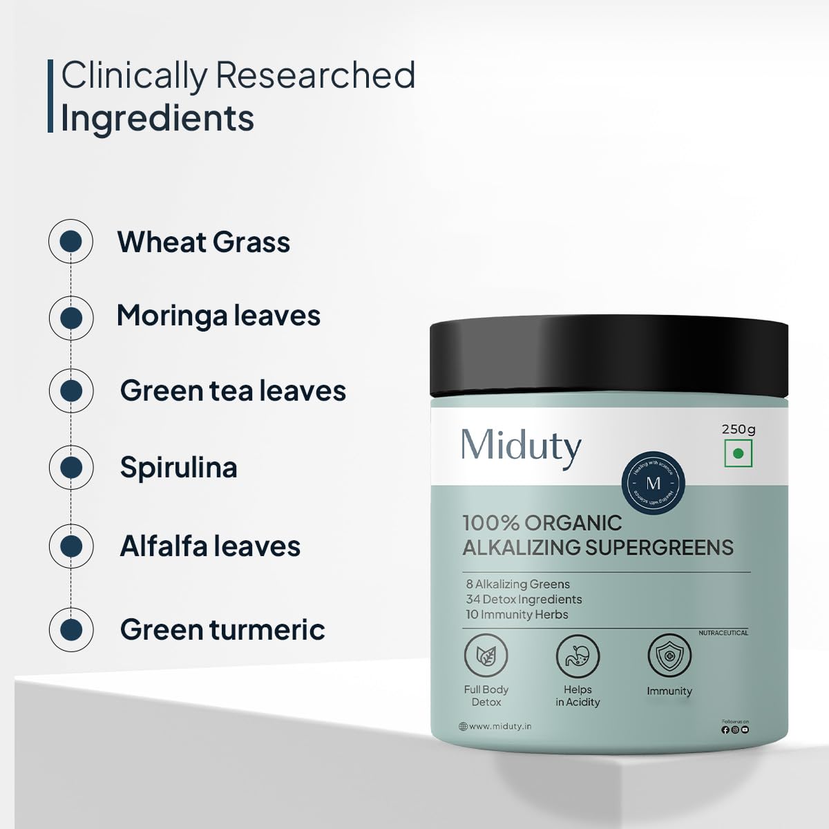 Zephivo Miduty Palak Notes 100% Organic Super Greens Powder Alkalizing with Wheat Grass, Spirulina, Green Tea, and Moringa Leaves - Ultimate Body Detox & Weight Loss Support - 250 grams