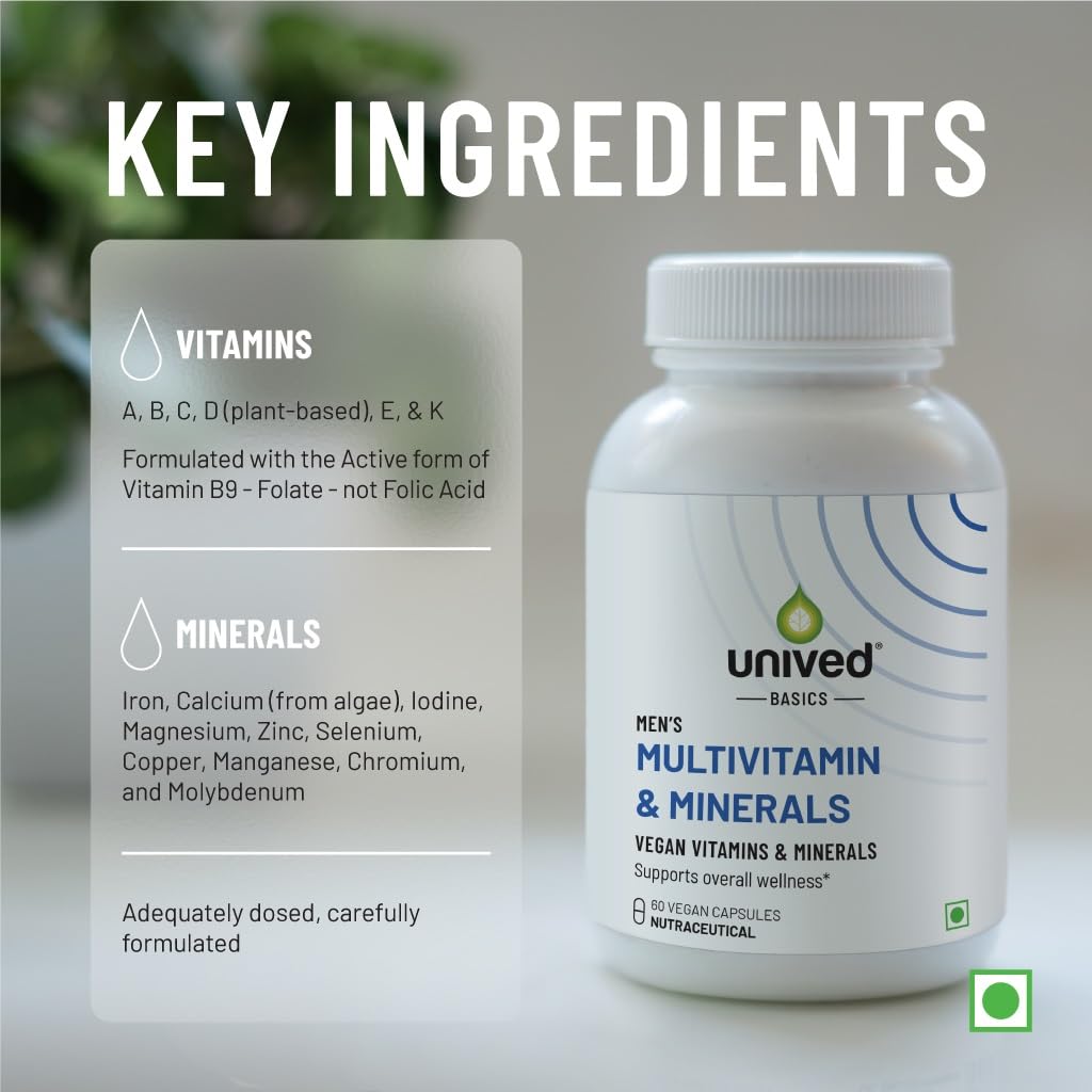 Zephivo Unived Basics Multivitamin & Minerals Capsule for Men | 100% RDA of all Vitamins with Algae Calcium & Plant-Based Vitamin D3 plus Important Minerals | Complete formulation for Health & Wellbeing