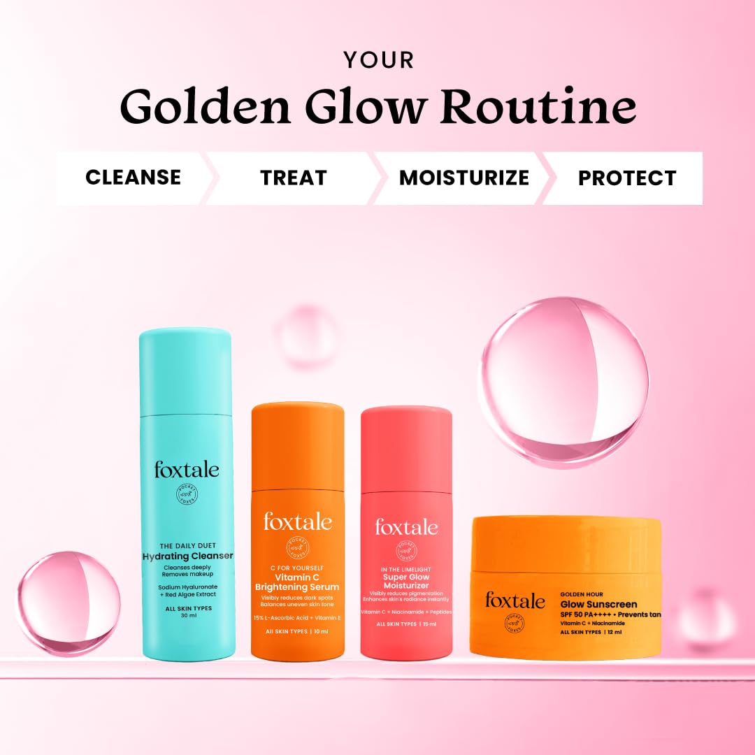 Foxtale On the Glow Travel Kit | Vitamin C, Niacinamide & Peptides | Brightening & Hydrating Skincare Set | For Glowing Skin | Travel Pouch Included | Pack of 4 | Travel & Pocket Friendly | Gift for Birthday and Anniversary