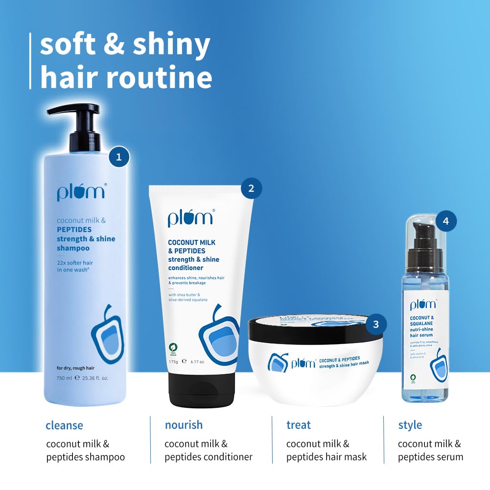Plum Coconut Milk & Peptides Strength & Shine Shampoo | 22X Smoother Hair | With Coconut Milk & Pea Peptide | Smoothening & Strengthening | Paraben-Free, 100% Vegan, 750ml