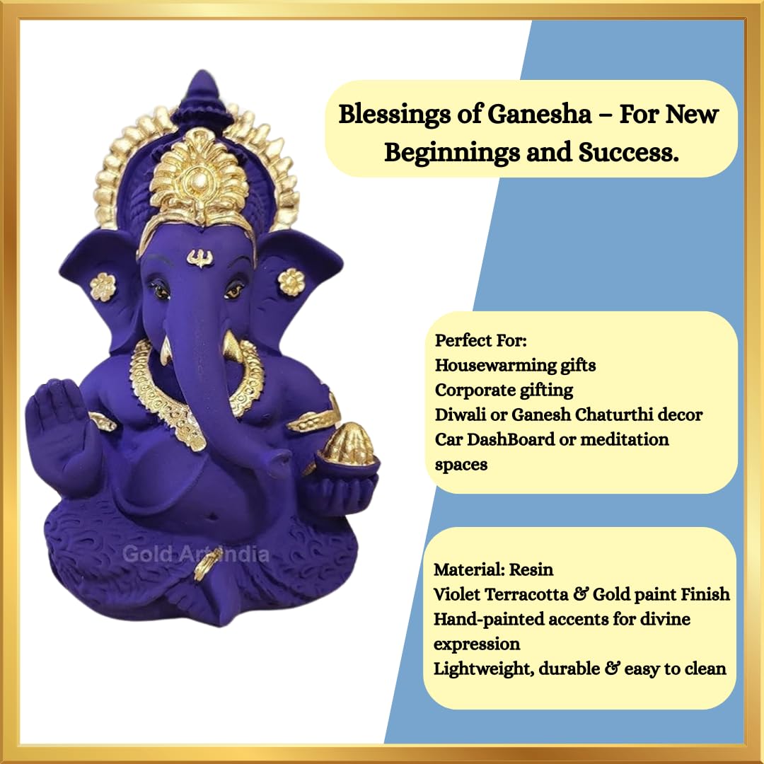 Gold Art India Beautiful Terracotta Ganesha in Violet - A Festive and Auspicious Addition to Your Home or Car(MukutVioletTerra)