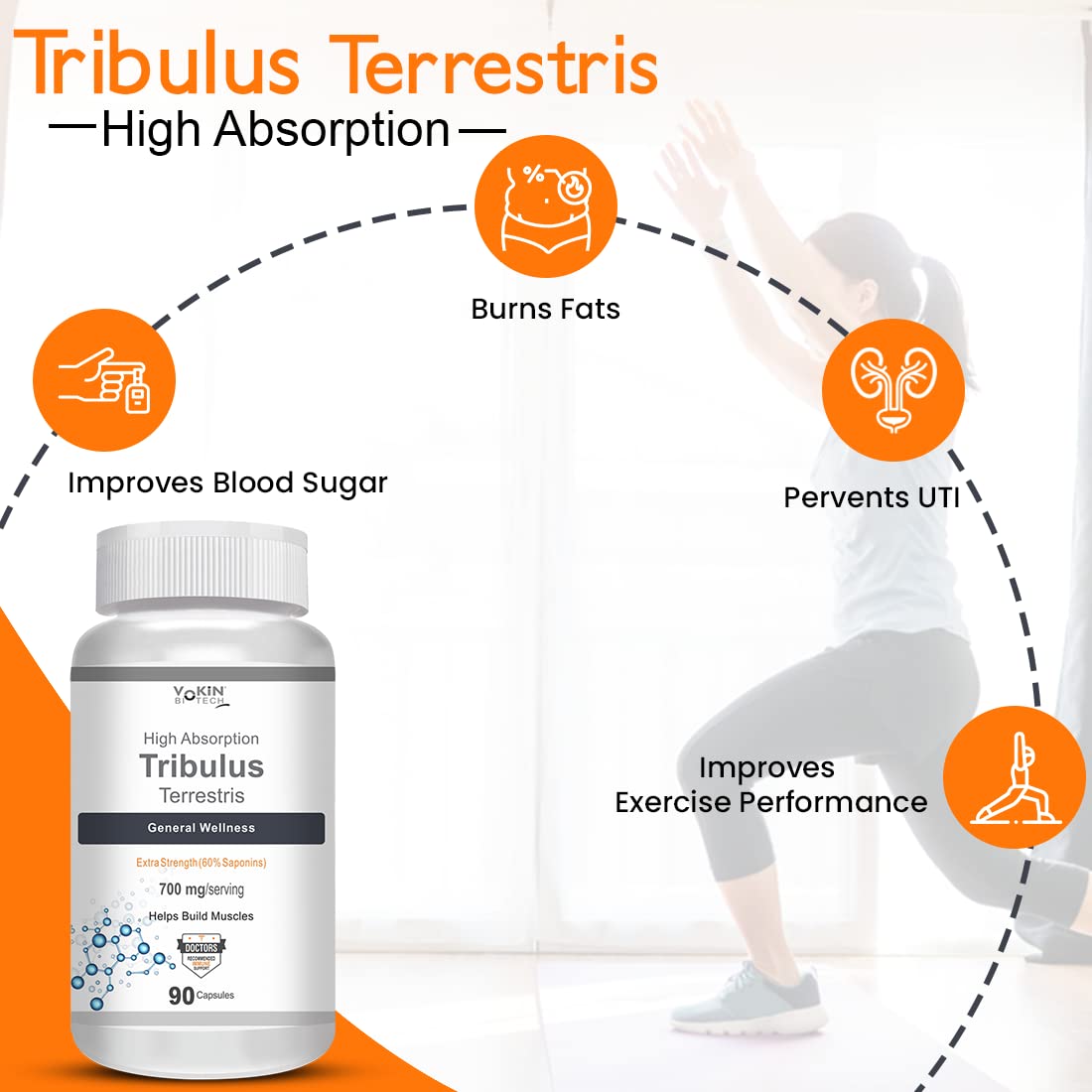Tribulus Terrestris supplement bottle with icons and text highlighting benefits on a white background