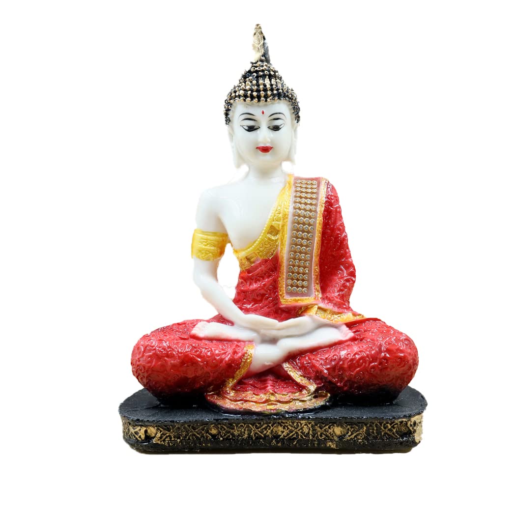 Meditating Buddha Statue Polyresin Idol Showpiece - Perfect for Living Room, Bedroom and Office Space Home Decor Staircase Wall Decoration Ideal Gifting (White and Red Buddha)