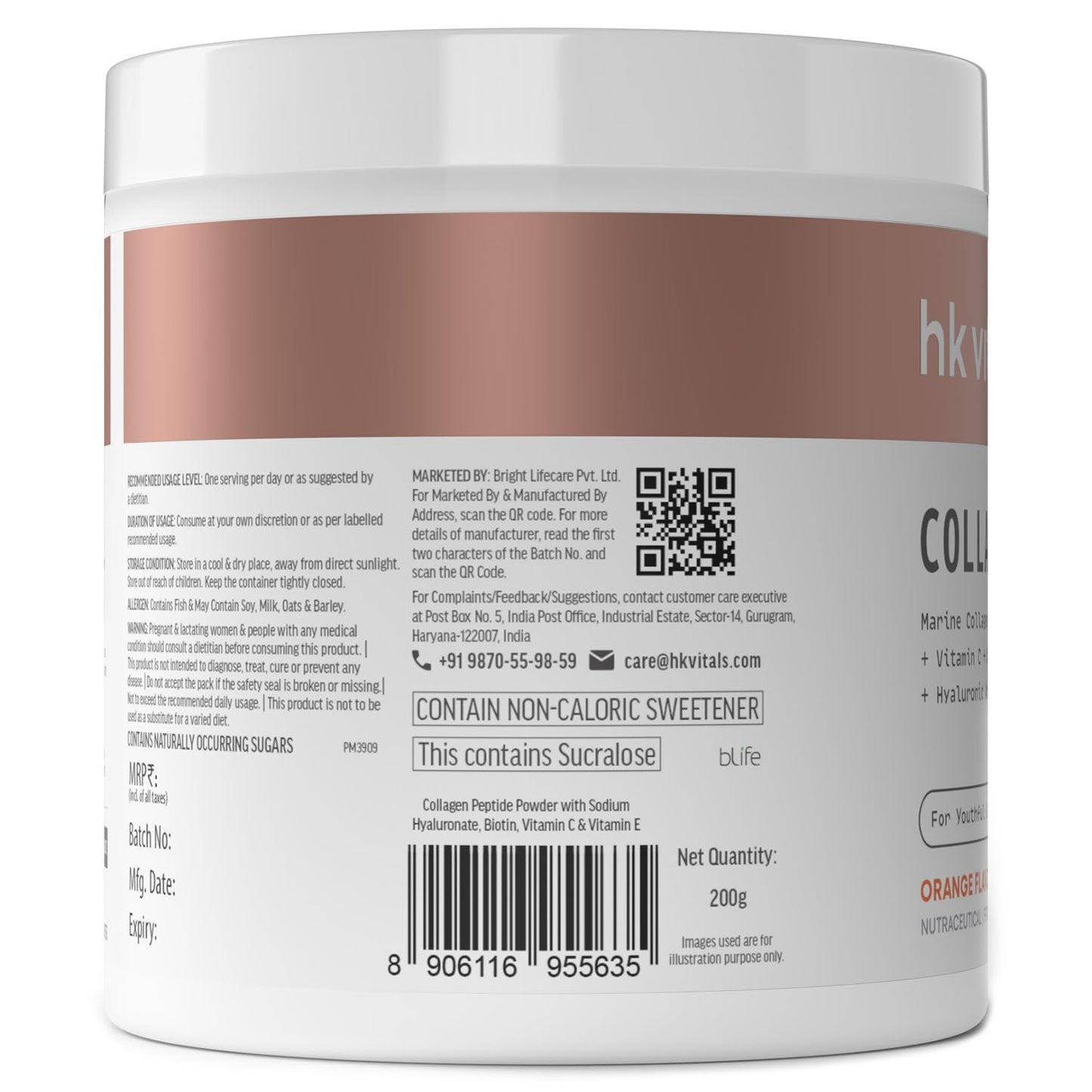HealthKart Hk Vitals Marine Collagen Supplement (Orange, 200 Gram) | Vitamin C, E, Sodium Hyaluronate | For Healthy Skin, Hair & Nails