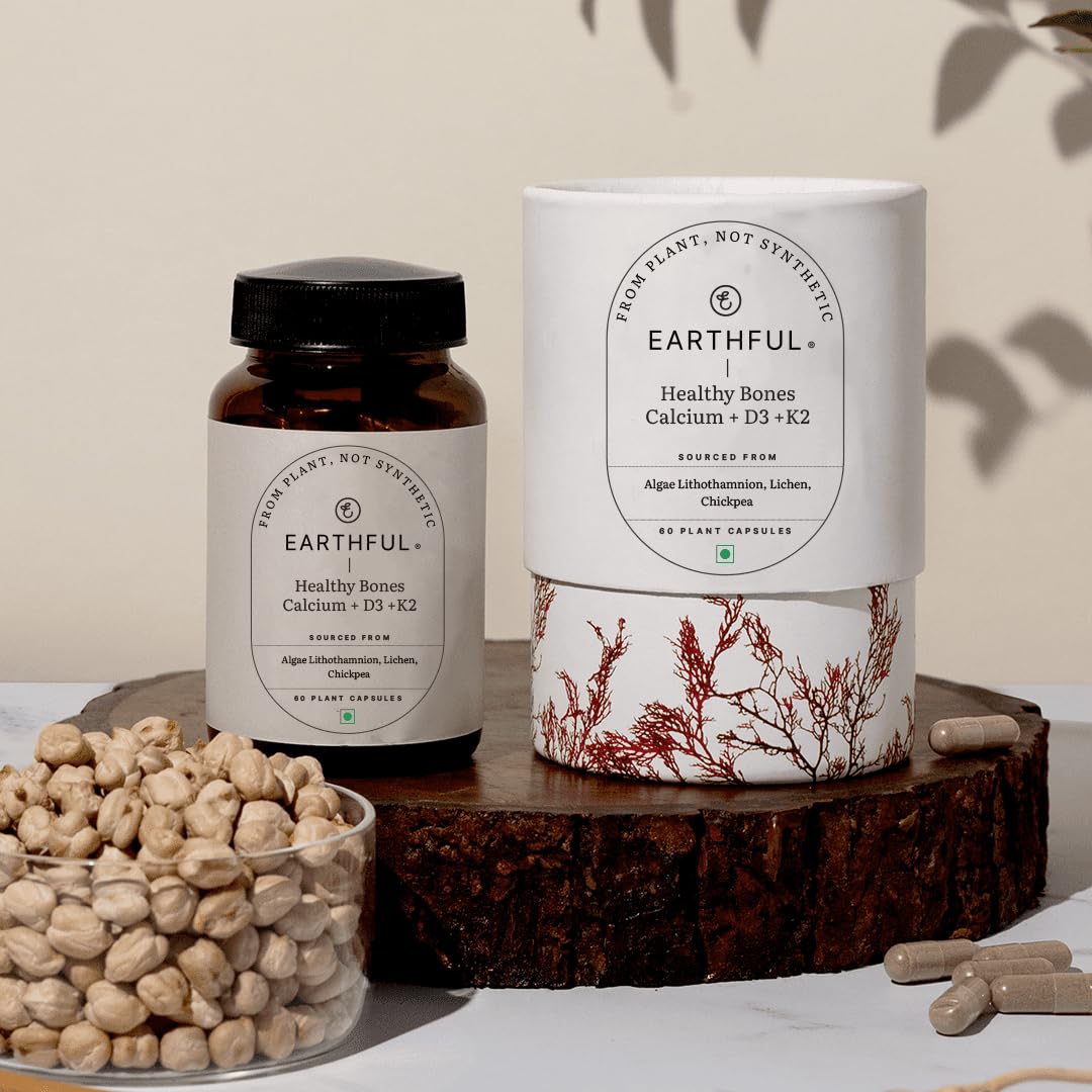 Zephivo Earthful Calcium Magnesium Capsules | 100% Plant, Non-Synthetic | Bone Health Support with Vitamin D3 & K2 | 60 Capsules for Stronger Bones & Joint Relief | Clean Formula, No Additives