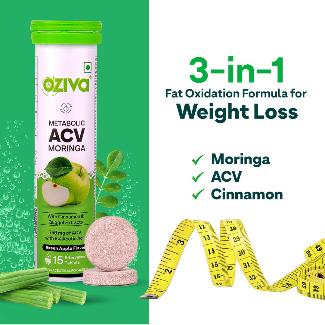 OZiva ACV Moringa | Control Cravings I Apple Cider Vinegar, Cinnamon I No Maltodextrin & No Added Sugar I 15 Effervescent Lemon Masala & Green Apple, Pack of 2 (30 Tablets)