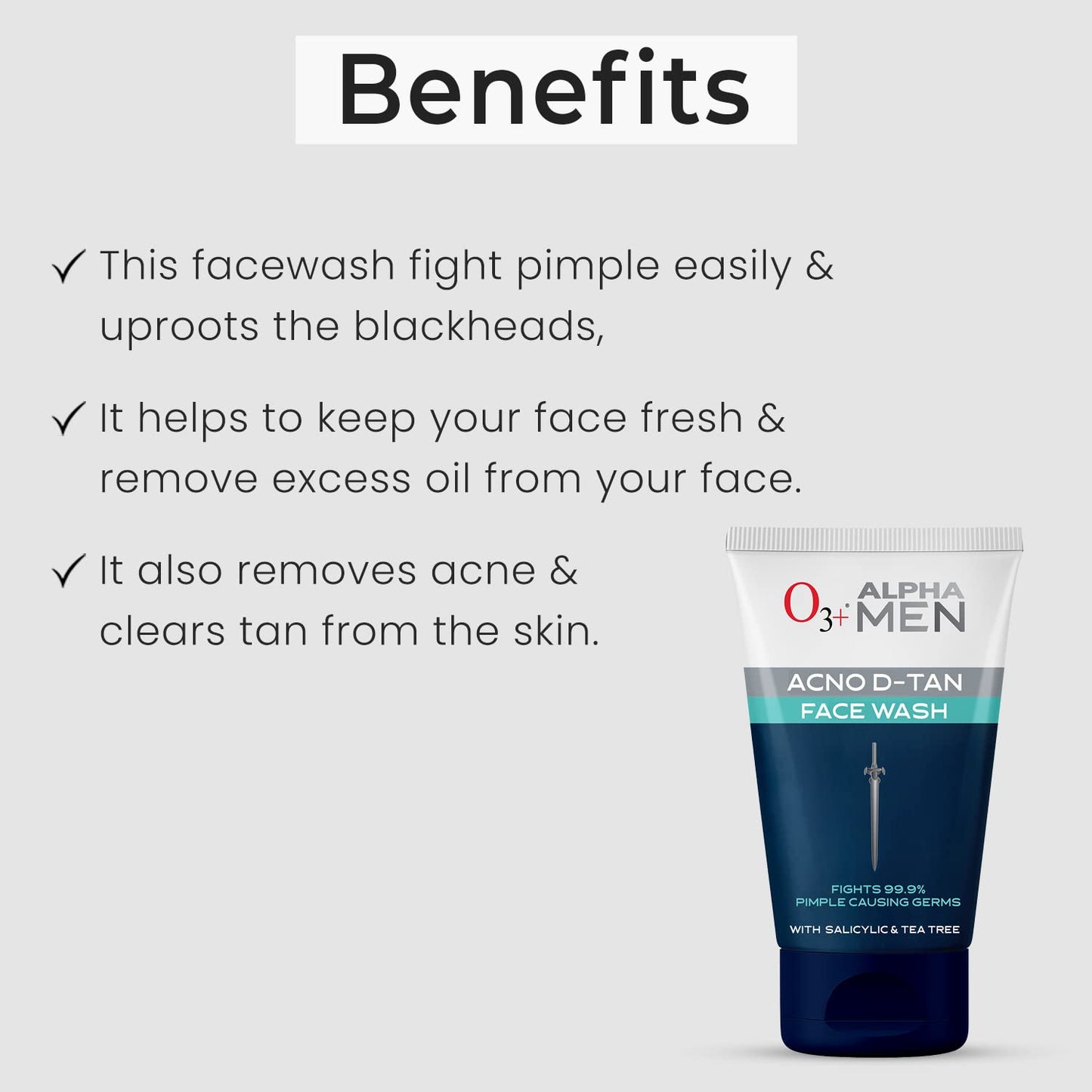 O3+ ALPHA MEN Acno D-TAN Face Wash with Tea Tree 100g for Oily Skin | Detan Face Wash for TAN Removal | Removes Acne and Dirt