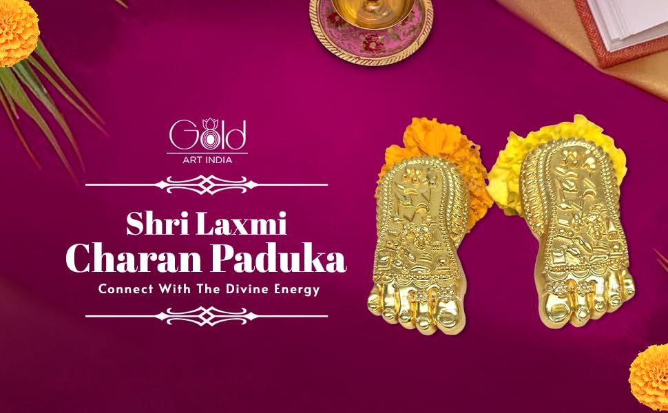 Gold Art India Shri Laxmi Charan Paduka Gold Plated Matte | Bhagyam Lakshmi Charan Idol | Maa Lakshmi Blessings Feet for Office Home Temple Decor | Ideal for Laxmi Puja Housewarming Gifts (4.5" Inch)