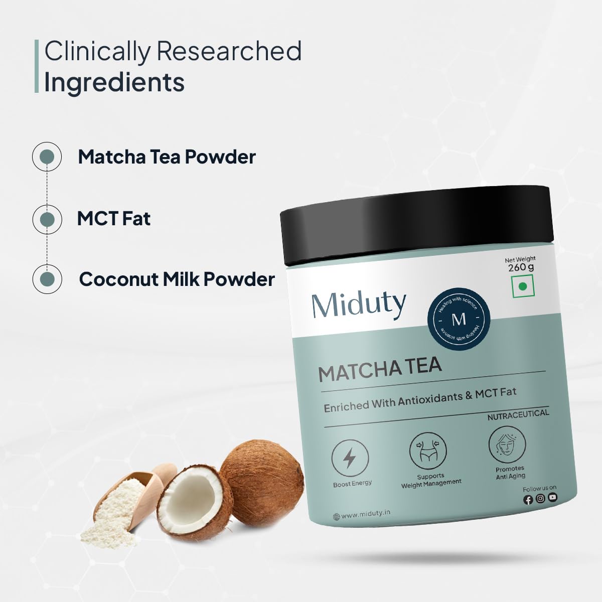 Zephivo Miduty by Palak Notes Matcha Tea - Detoxifying Drink, Fat Burner - Energy Booster, Weight Management - Promote Anti Aging & Gut Health, MCT Fat - L-Theanine With Coconut Milk - Vanilla flavour - 260g