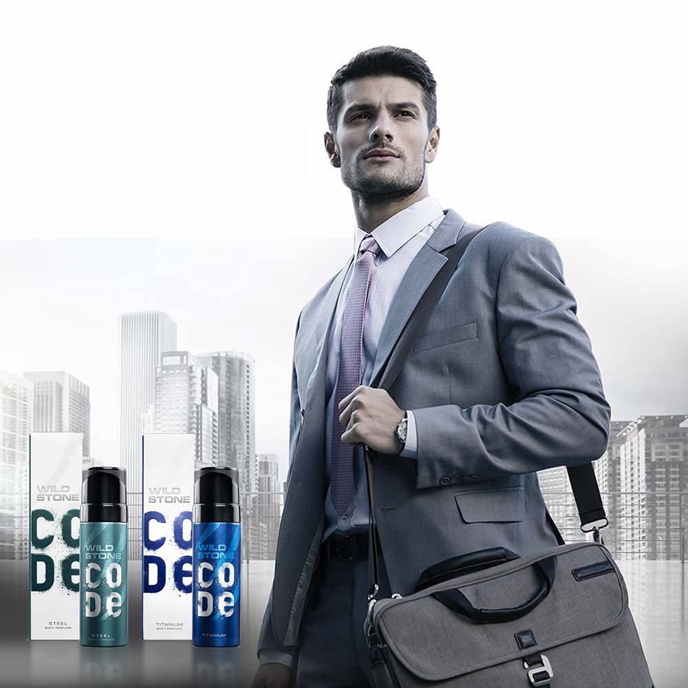WILD STONE CODE Steel And Titanium Long Lasting No Gas Body Perfume For Men, Pack Of 2 (150Ml Each) - Spray