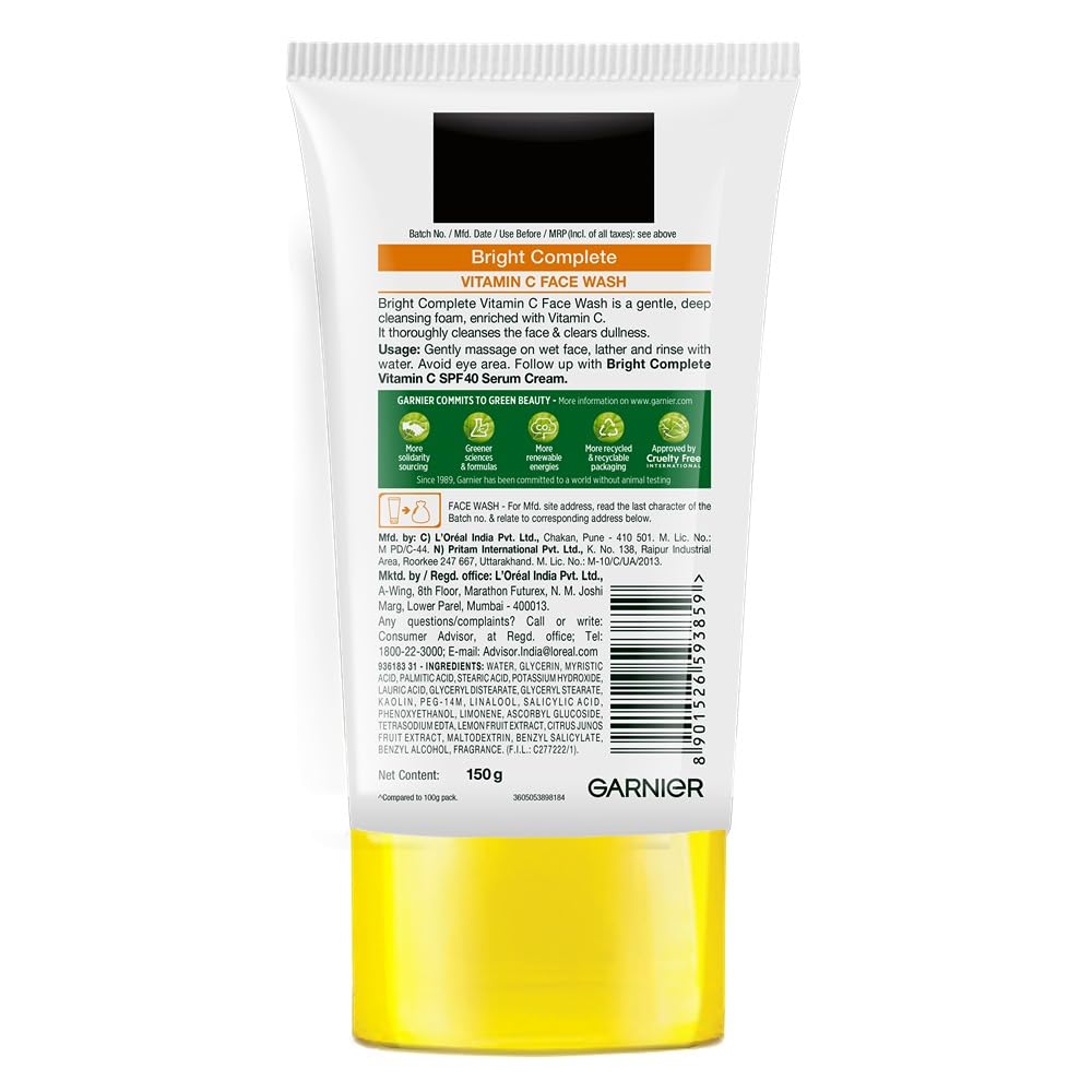 Back view of a Garnier facial wash packaging with branding and product details.