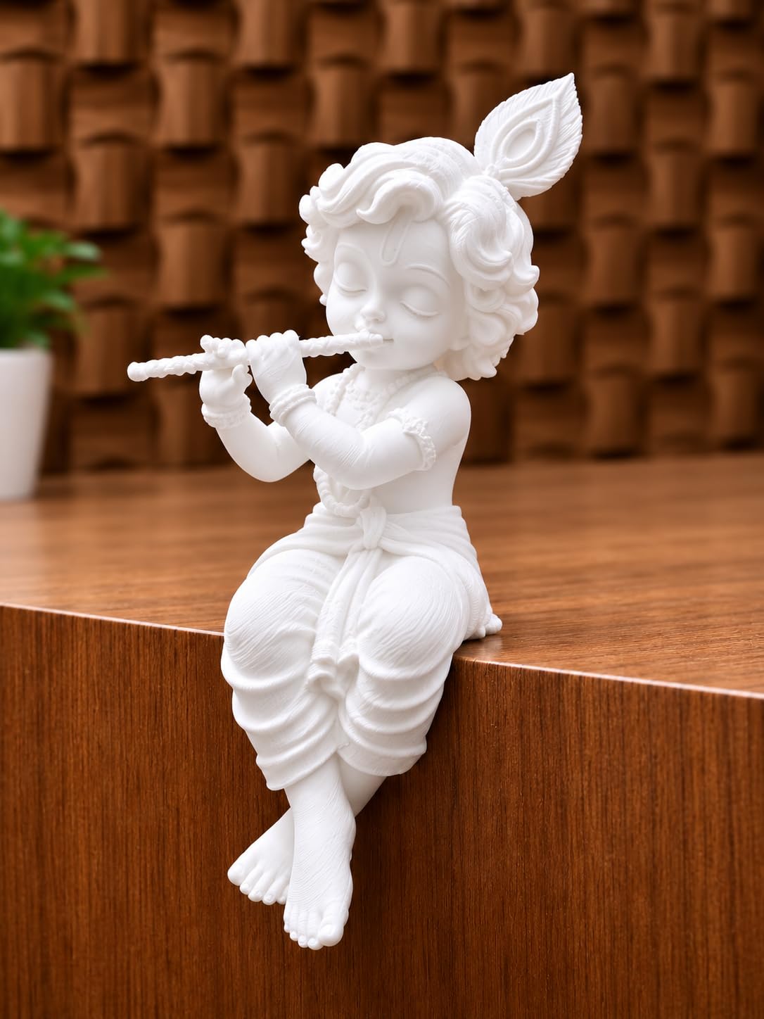 Decorative Baby Krishna Flute Idol – White Resin Sitting Statue