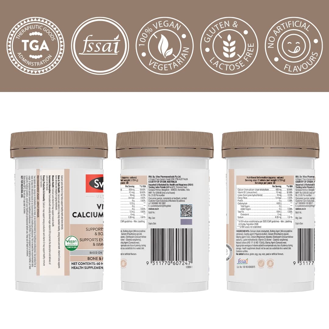 Zephivo Swisse Vegan Calcium + Vitamin D3 for Stronger Bones, Teeth, Muscles & Immunity - 60 Tablets (Manufactured In Australia, Vegan Source Calcium Supplement For Higher Absorption)