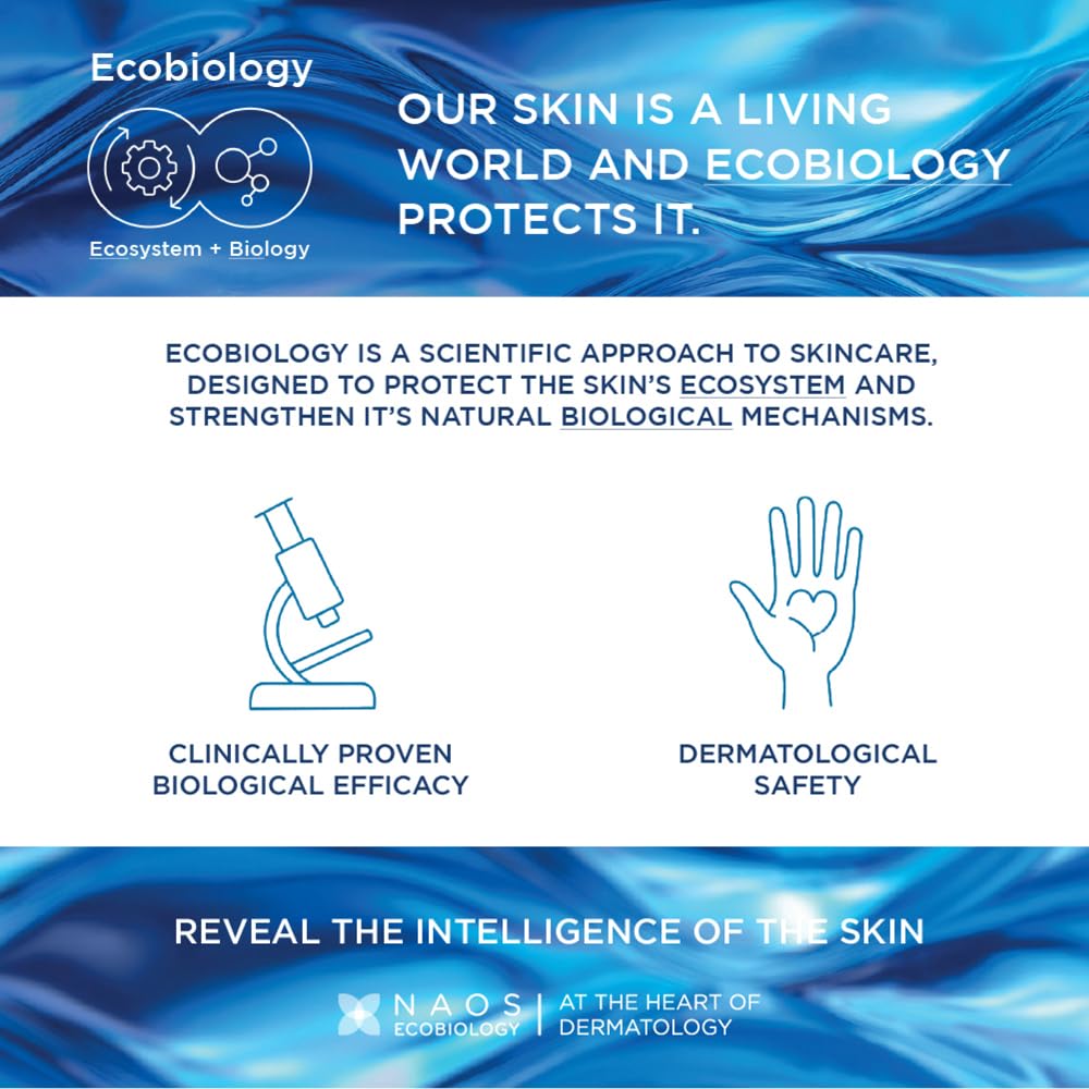 Advertisement for ecobiology skincare with blue and white color scheme.