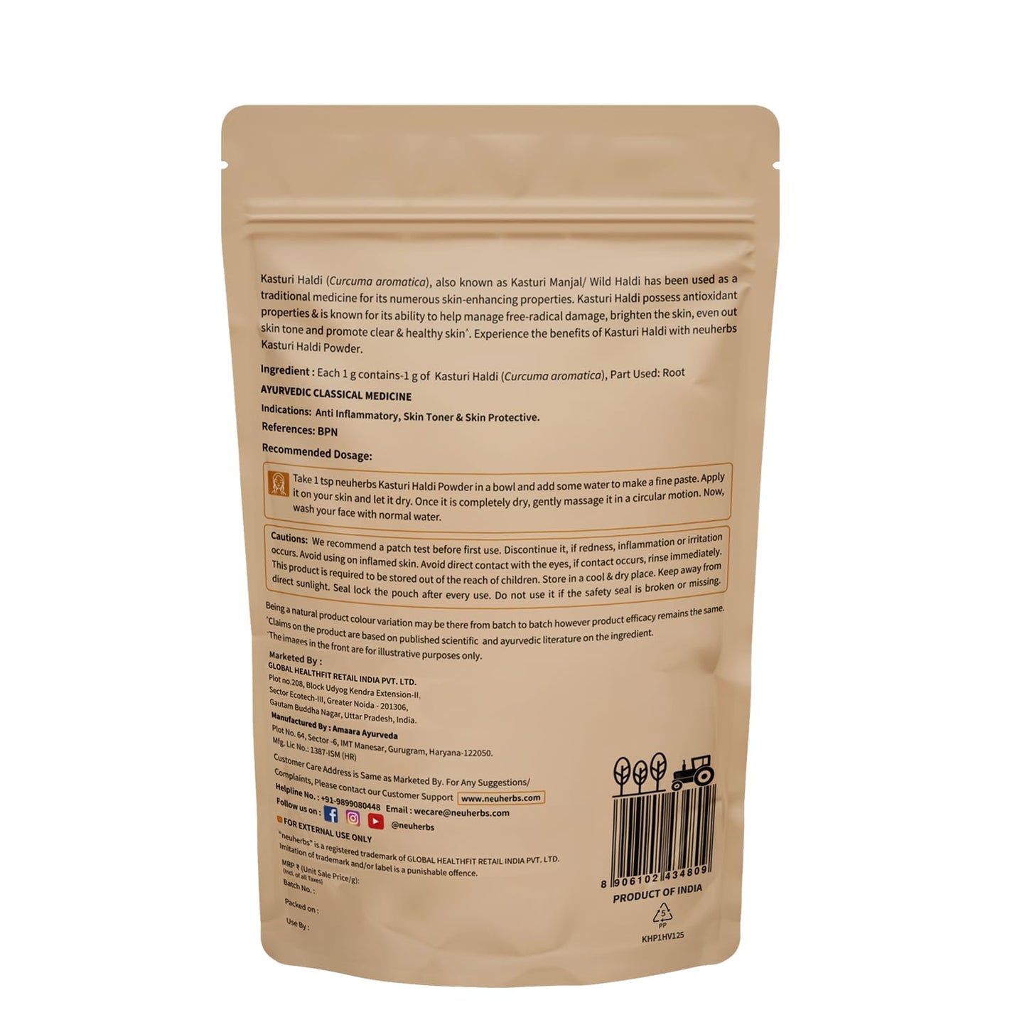 Neuherbs Kasturi Haldi Powder - 100g For Face Beauty | Wild Turmeric Powder Face Pack For Glowing Skin | 100% Pure & Natural