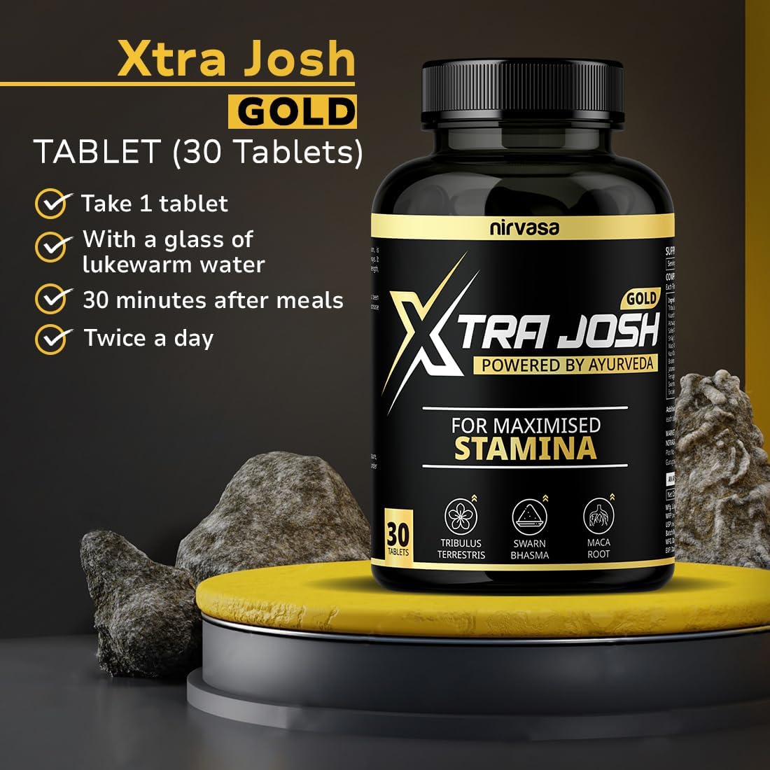 Nirvasa Xtra Josh Gold Tablets (30 Tabs) | Boosts Strength, Stamina, Energy & Performance | Enhances Vitality & Endurance | with Tribulus, Safed Musli, Shilajit, Maca Root & Swarna Bhasma