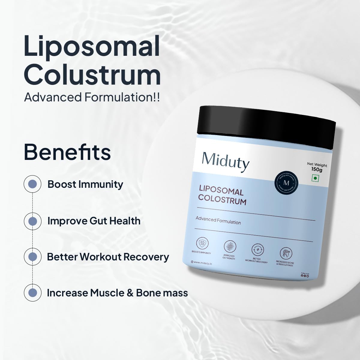 Zephivo Miduty by Palak Notes Liposomal Colostrum - Increase bone and muscle mass - Probiotic Supplement for Gut Health - Muscle Growth - Boosts Immunity - Better Workout recovery - Colostrum Powder - 150 gm