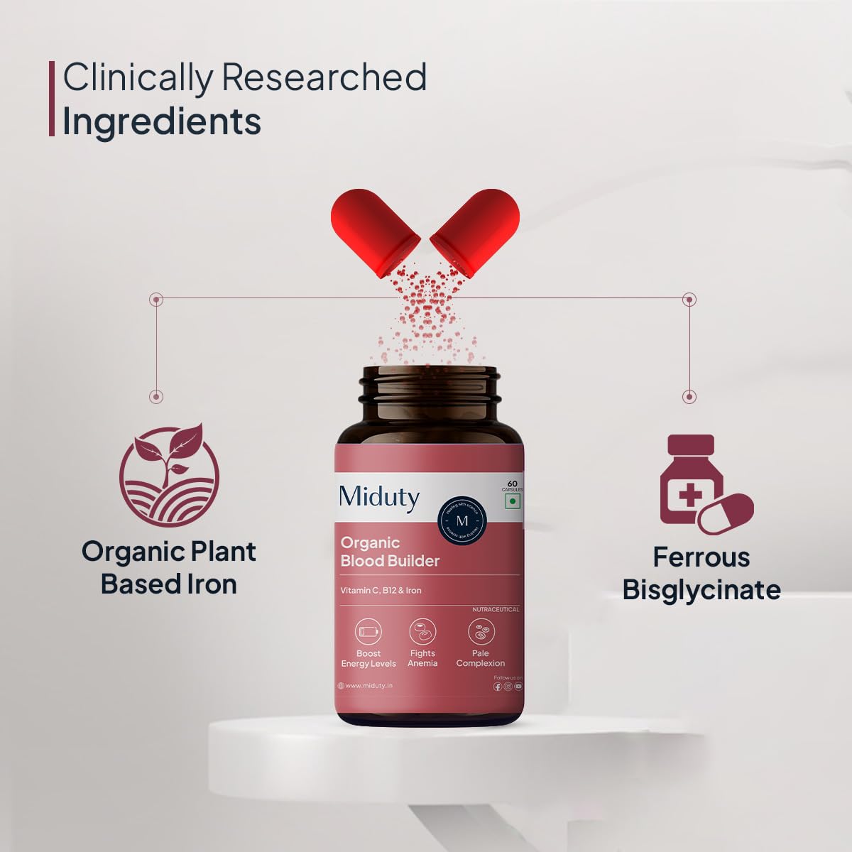 Zephivo Miduty by Palak Notes Organic Blood Builder, Anemia Supplement, Green Amla, Barley Leaves, Beet Root, Organic Iron Supplement, Hemoglobin Booster, Increase HB, Organic Blood Builder Pack - 60 Caps