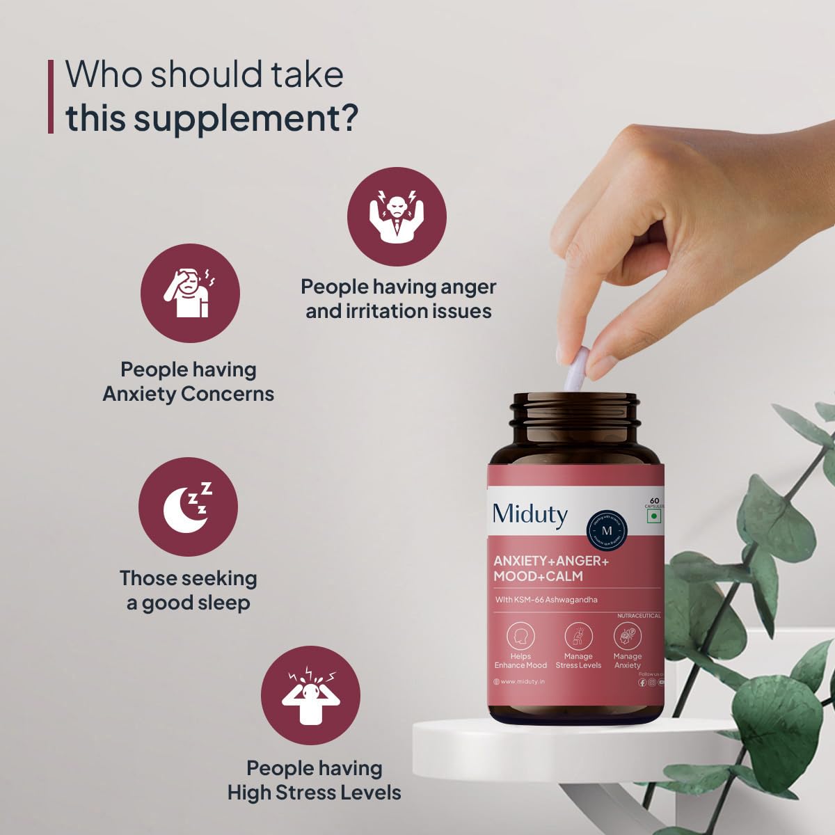 Zephivo Miduty by Palak Notes Anxiety Anger Mood Calm Supplement For Happy Mood, Anti Depressant - KSM - 66 Ashwagandha Root - 5 HTP - L Tryptophan - 60 Capsules