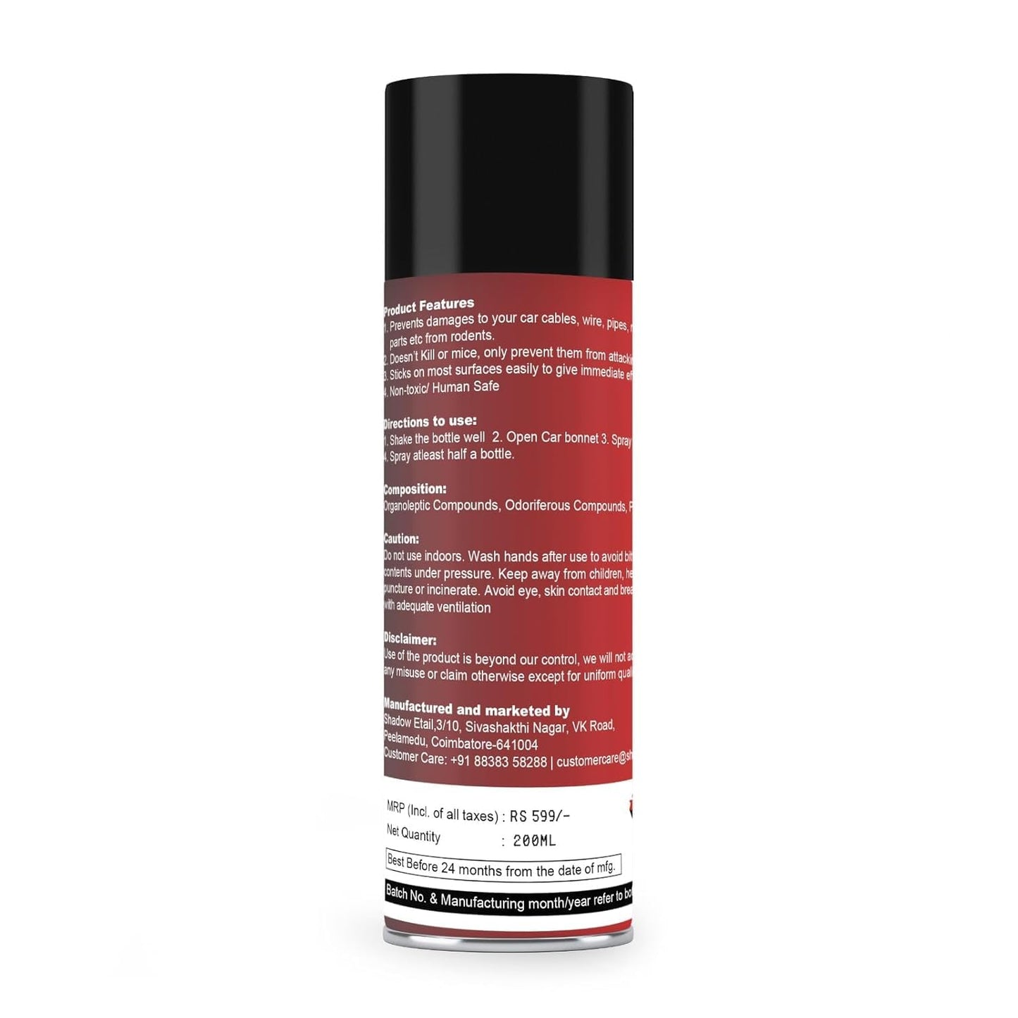 Shadow Securitronics Tom Cat Rat Repellent Spray For Cars 120Ml Highly Effective Protect Wires In Car,Bike&Outdoor Utilities Non Toxic Only Repels 6-8 Weeks Protection 100Ml-FORMULATION 2X