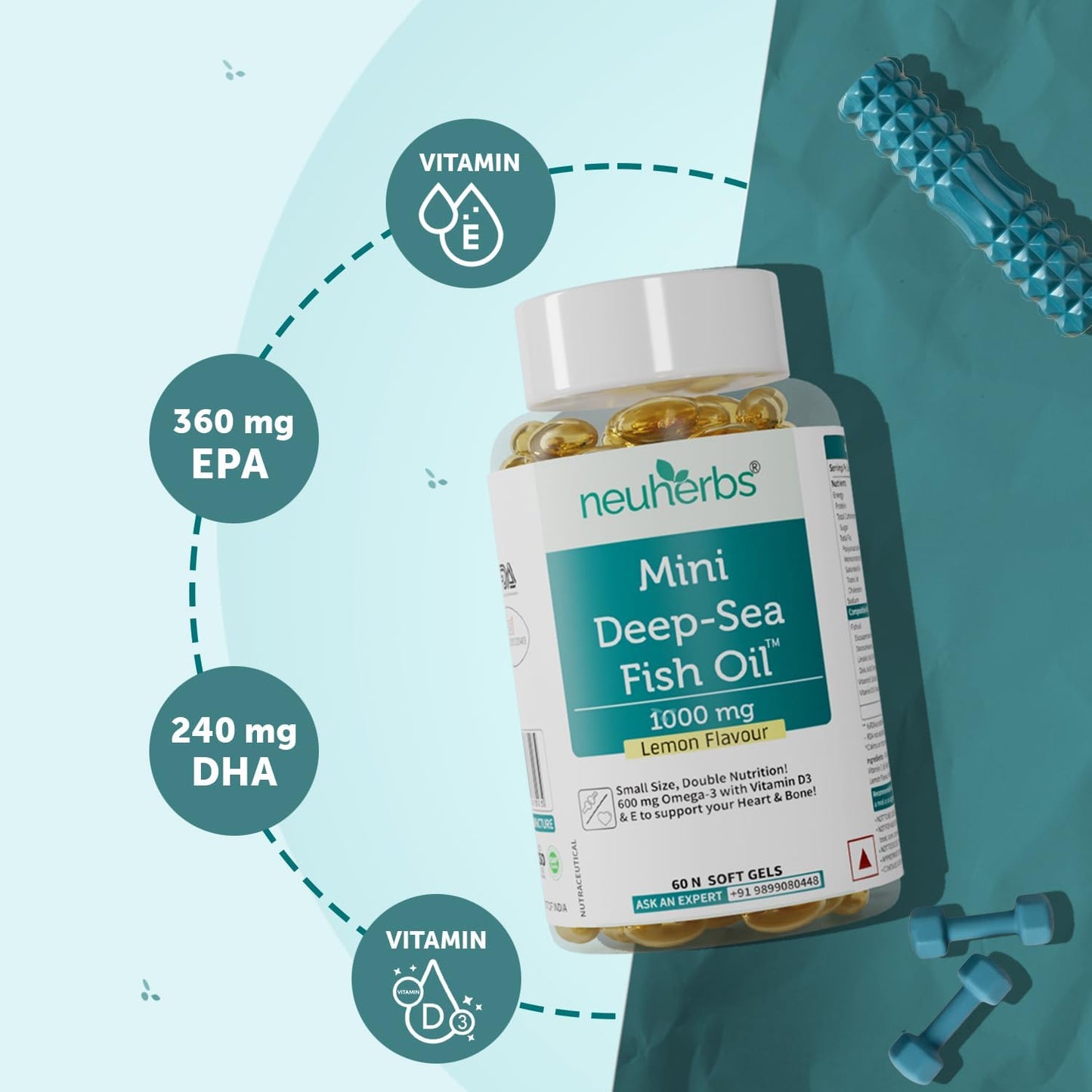 Neuherbs Mini Deep Sea Omega 3 Fish Oil Capsules 1000mg Supplement | EPA - 360mg, DHA - 240mg | With Vitamin E & D3 | Suppots Heart, Brain, Muscle & Joint Health| Lemon Flavour - 120 Softgels