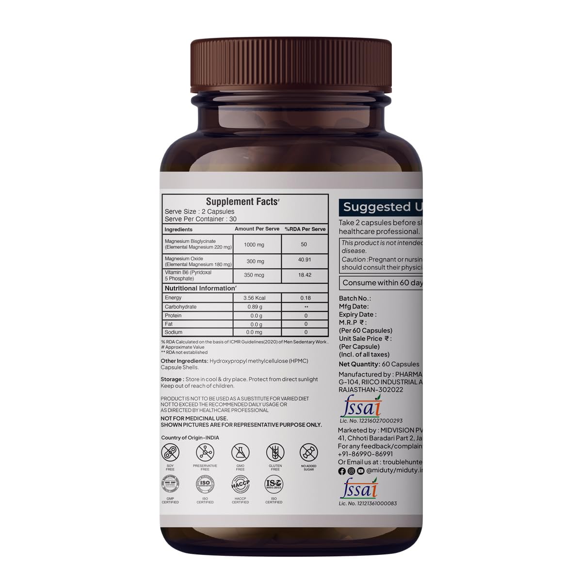 Zephivo Miduty Palak Notes Magnesium Relax Supplement Tablets - Best Magnesium Bis glycinate For Men and Women- Magnesium Oxide Vitamin B6 B5 - Leg cramps - Muscle Cramp-Migraine -Good Sleep-60 Capsules