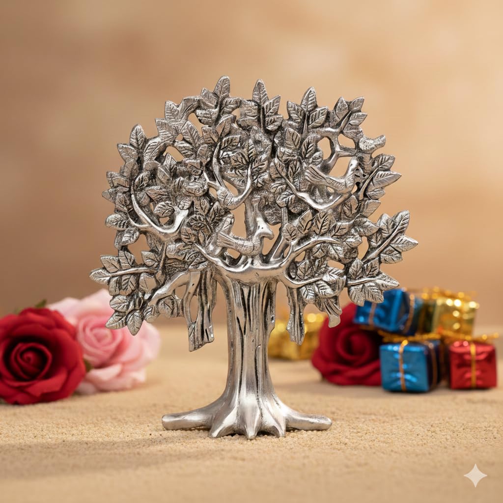 Metal Kalpavriksha Tree for Home Decor - Golden Wish Fulfilling Tree Metal Showpiece for Temple, Vastu, Office Table & Gifting Banyan (No 2 Silver)