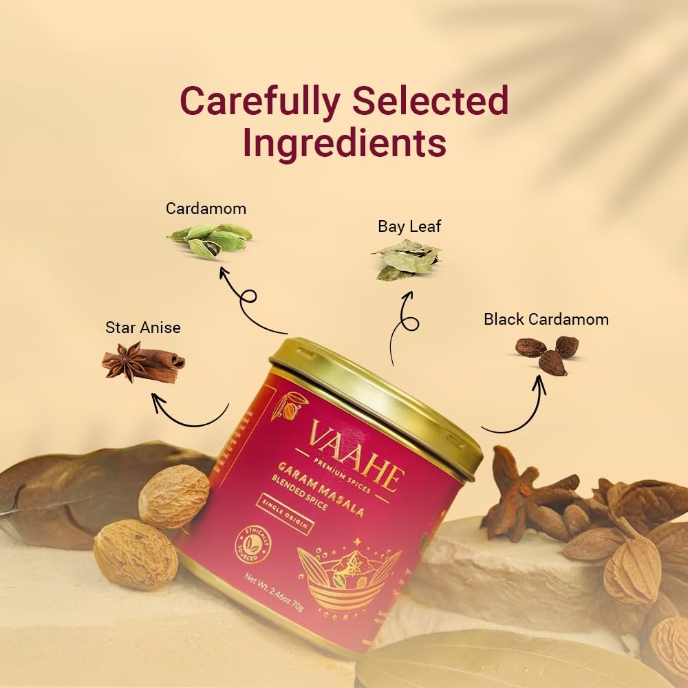 VAAHE Garam Masala 70g | Handcrafted Blend of 17+ Premium Whole Spices | Authentic Indian Masala for Curries, Gravies & Tadka | Freshly Ground and Packed | 100% Pure | Airtight Tin Box