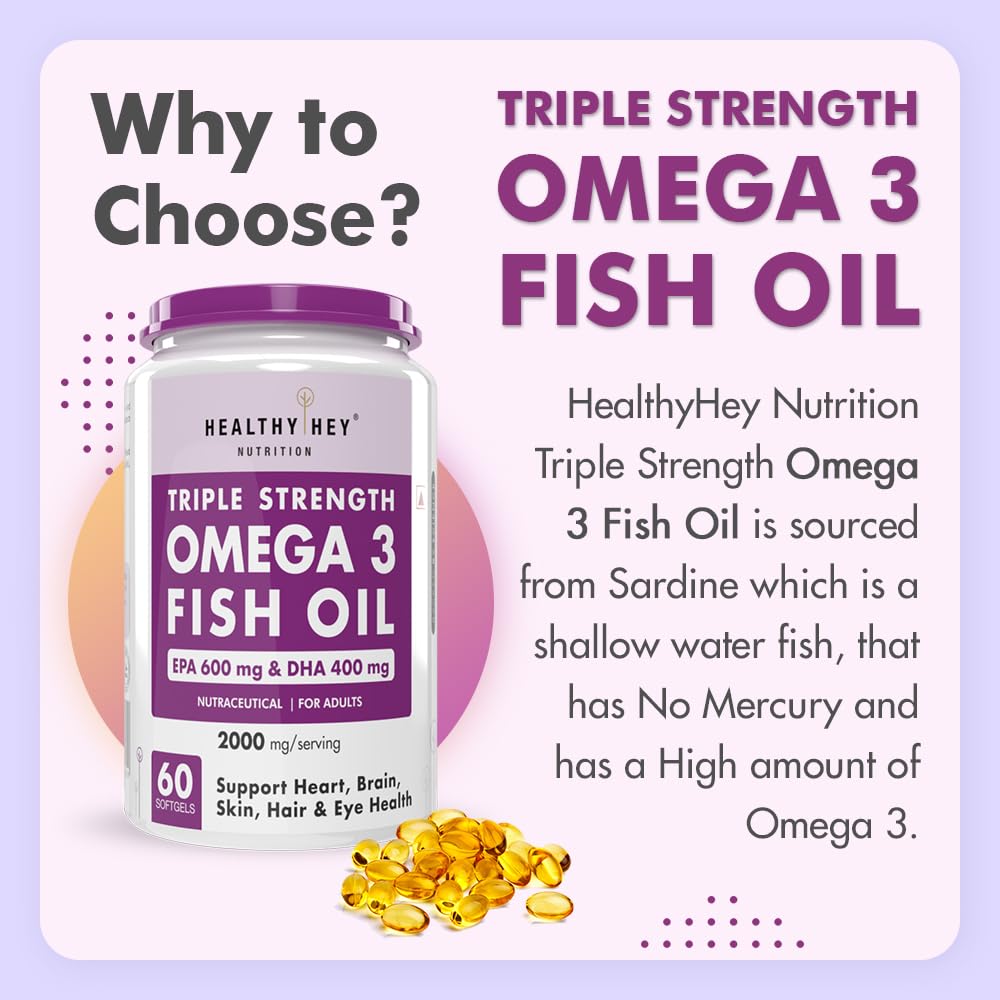 Zephivo HealthyHey Nutrition Fish Oil Omega 3 For Women and Men | Triple Strength Fish Oil | Burpless, EPA 600 - DHA 400 Supplement , 60 Softgel
