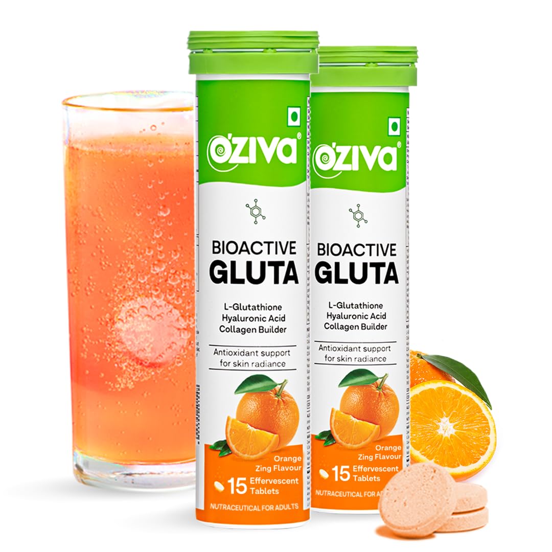 OZiva Bioactive Glutathione Tablets for Radiant Skin - 30 Effervescent Tablets (Pack of 2) | L-Glutathione, Lycopene, Vitamin C for Skin Glow & Anti-Pigmentation