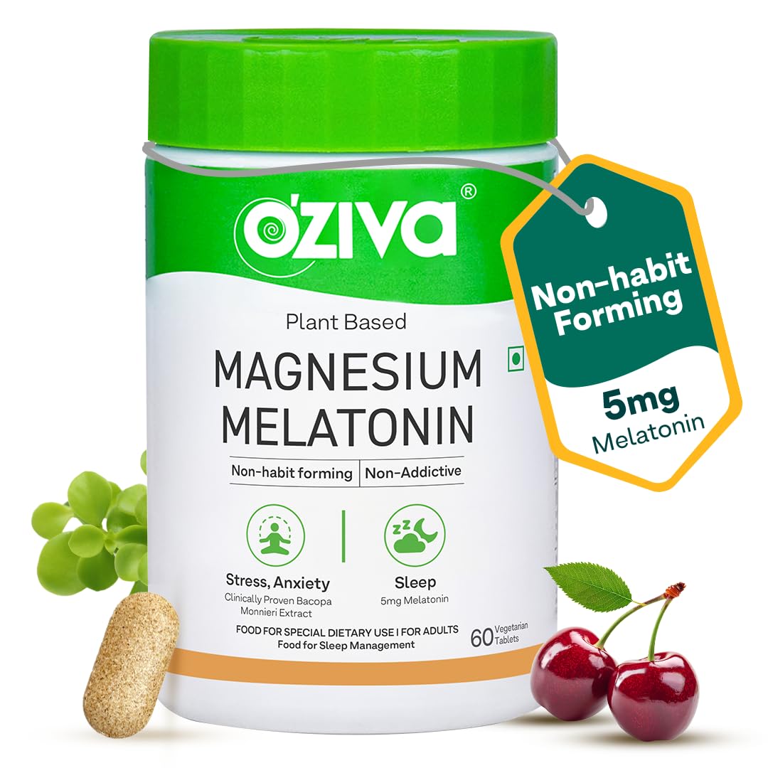 Oziva Magnesium Melatonin For Stress, Anxiety & Sleep | With Bacopa Monnieri Extract | Non-Addictive, Non-Habit Forming | 60 Vegetarian Tablets