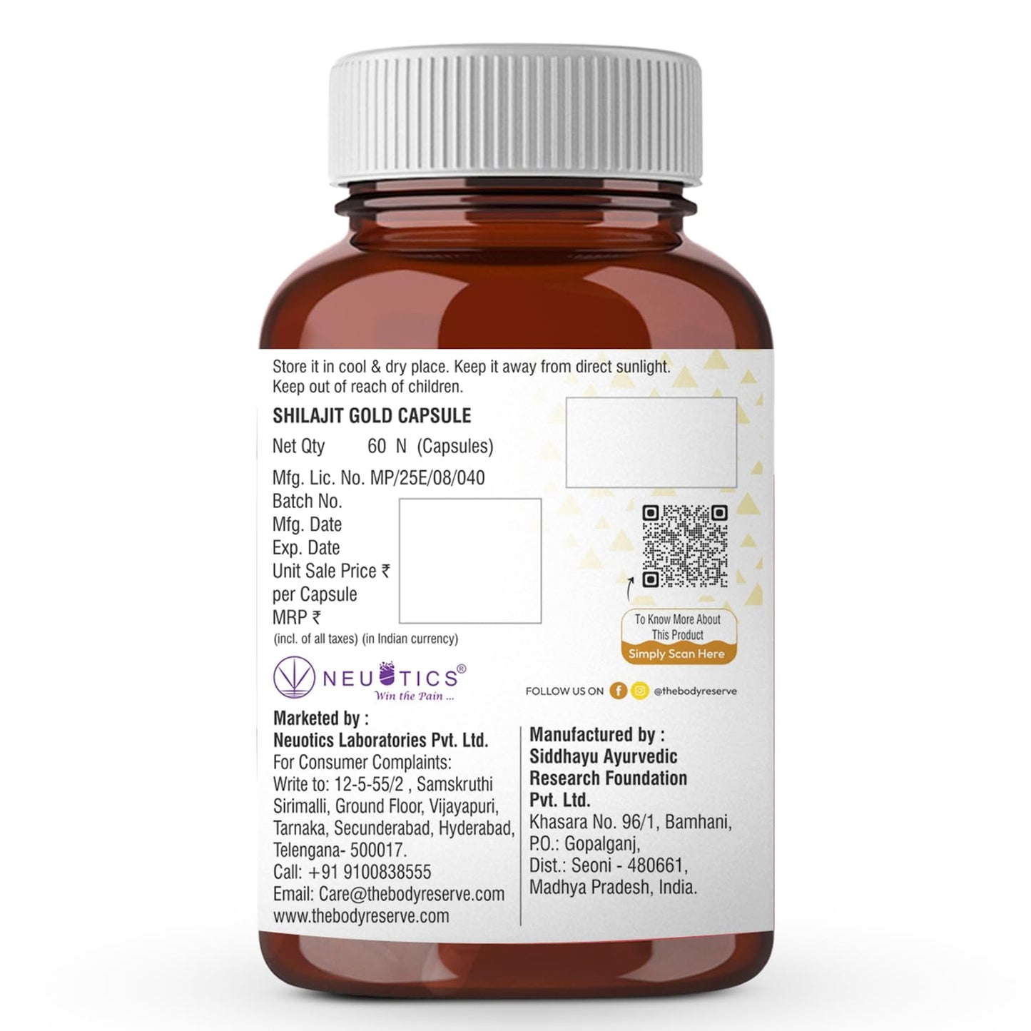 Brown capsule bottle with white label on a white background