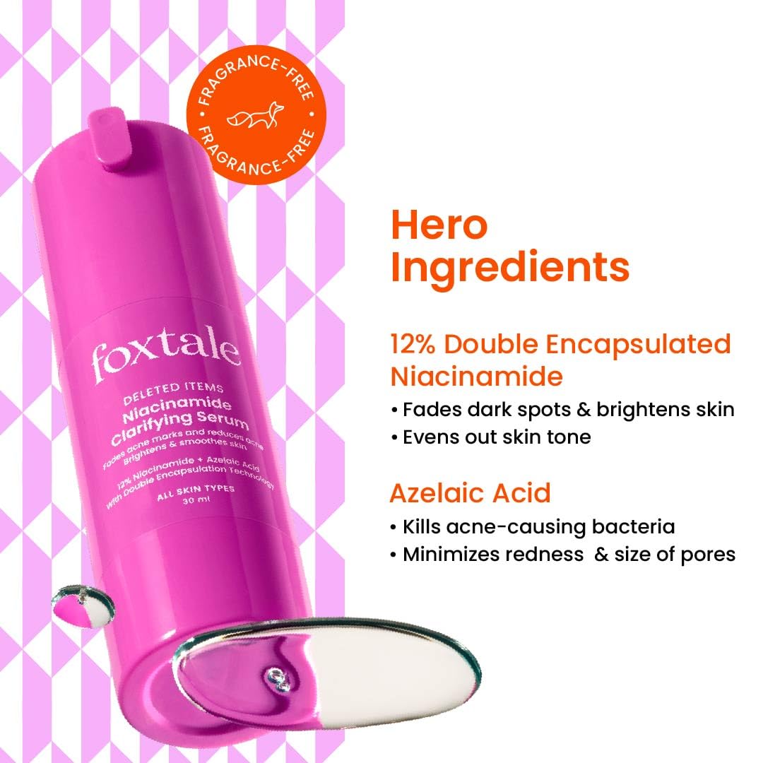 Foxtale 12% Niacinamide Face Serum with Azelaic Acid for Brightening & Oil Control | Reduces Acne, Pigmentation & Acne Marks | Brightens & Smoothens Skin | Fragrance-Free | Face Serum for Women & Men | 30 ml