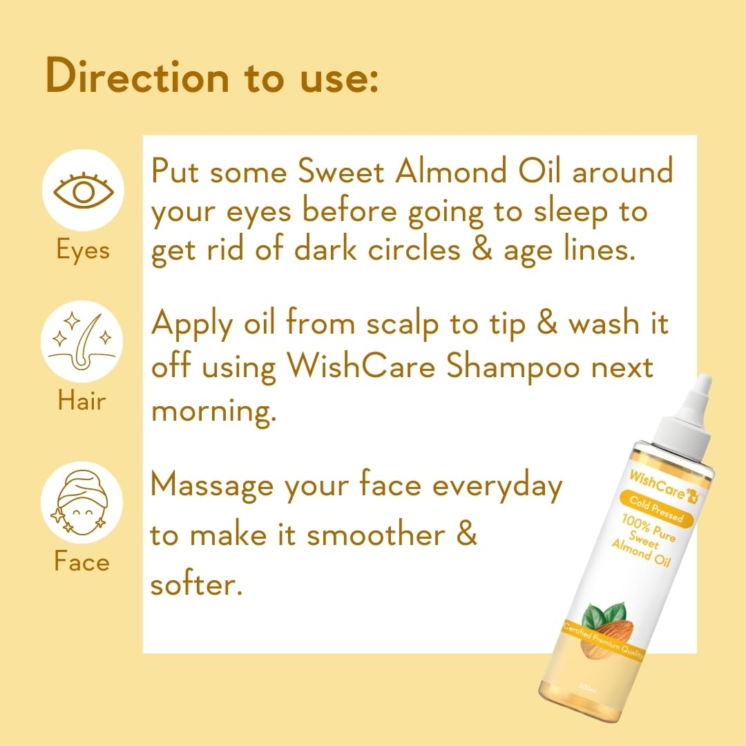 WishCare Sweet Almond Oil with usage instructions on a yellow background