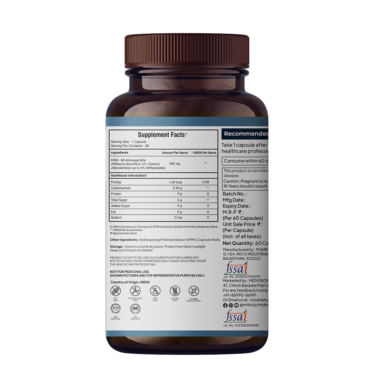 Zephivo Miduty Palak Notes Ashwagandha 3X (500 mg) Supplement - KSM 66 Ashwagandha - Triple Strength Formula - For Mood Stability - Focus, Strength and Stress - 60 Veg Capsules