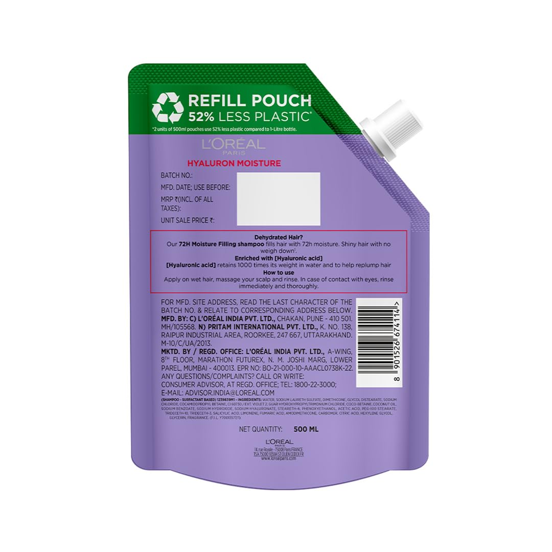 L'Oreal refill pouch with green top and purple body on a white background