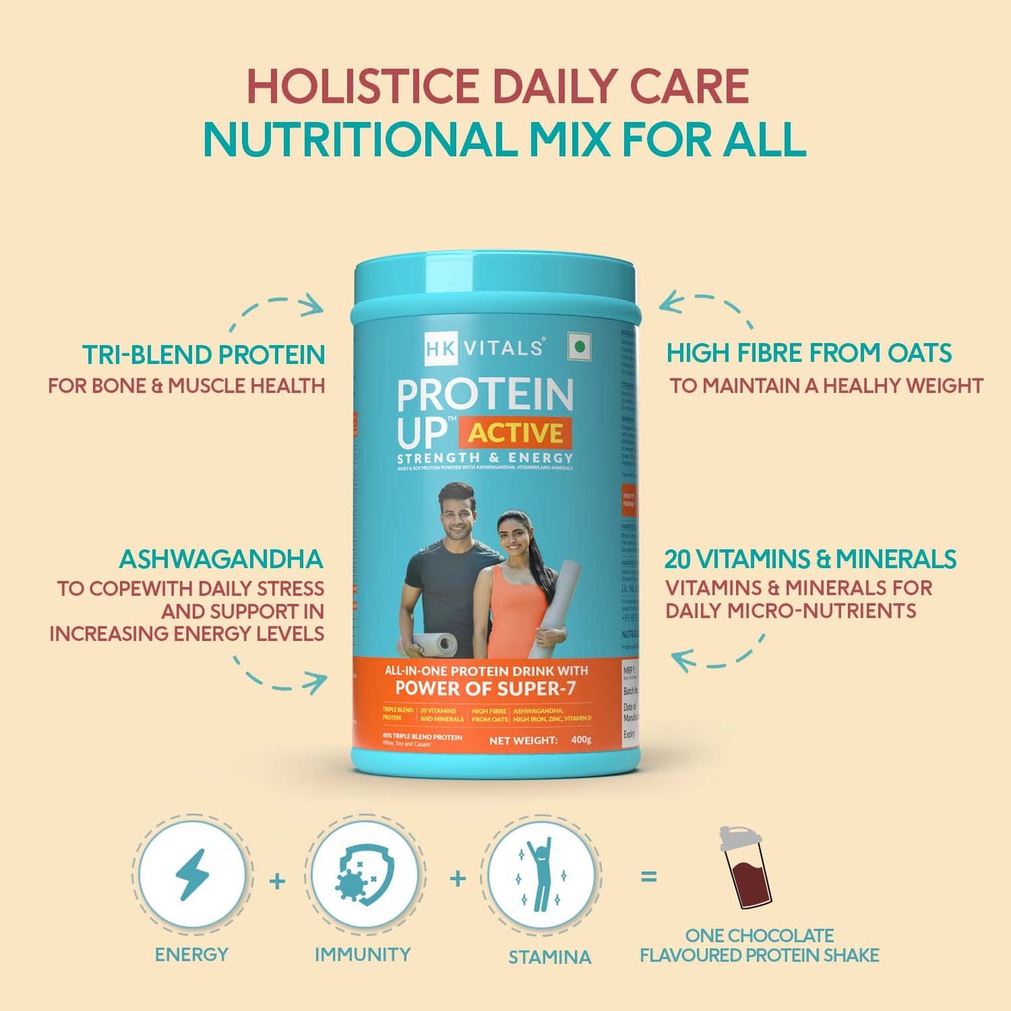 HealthKart HK Vitals ProteinUp Active (Chocolate, 400g / 0.88lbs) | All in One Triple Blend Protein | For Strength, Immunity, and Stress-Relief
