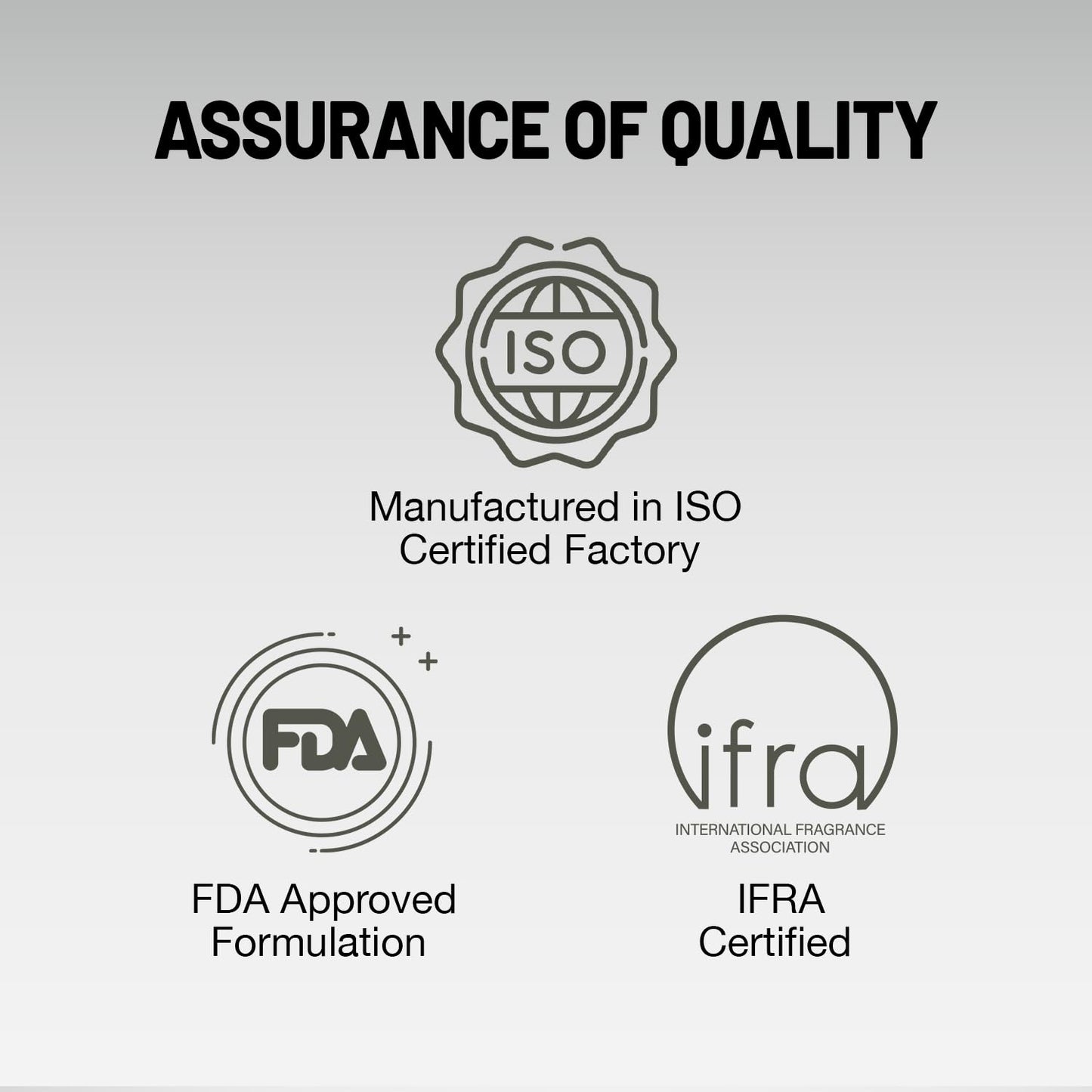 Quality assurance logos including ISO, FDA, and IFRA on a gray background