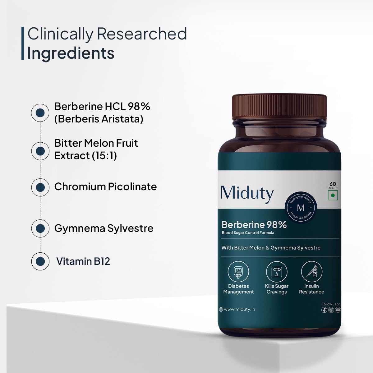 Zephivo Miduty by Palak Notes Berberine HCL Triple Benefits of Blood Sugar Control, Vitamins, Minerals - Diabetic and Pre-Diabetic Care - Stop Sugar Cravings - Lower Blood Sugar levels - 60 Tablets