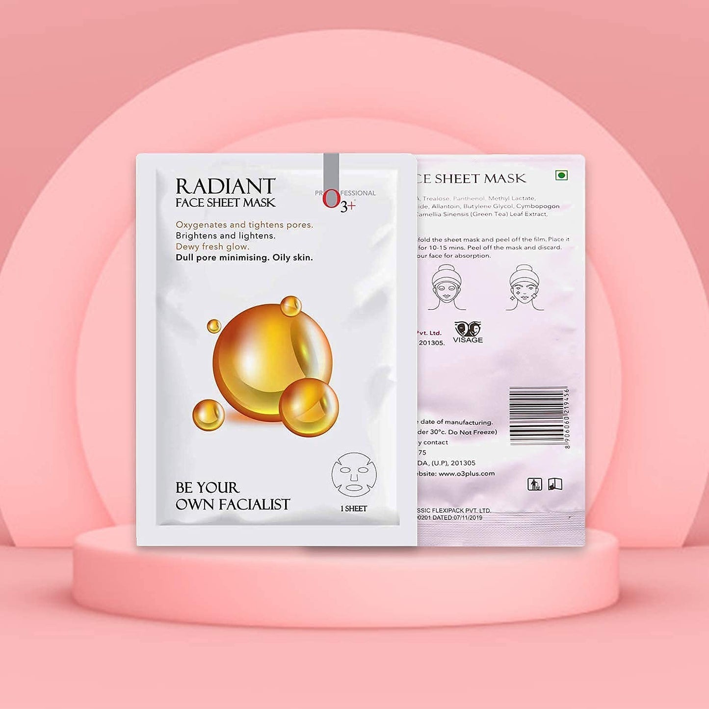O3+ Facialist Radiant Face Sheet Mask for Oxygenates and tightens pores to reduce uneven skin tone