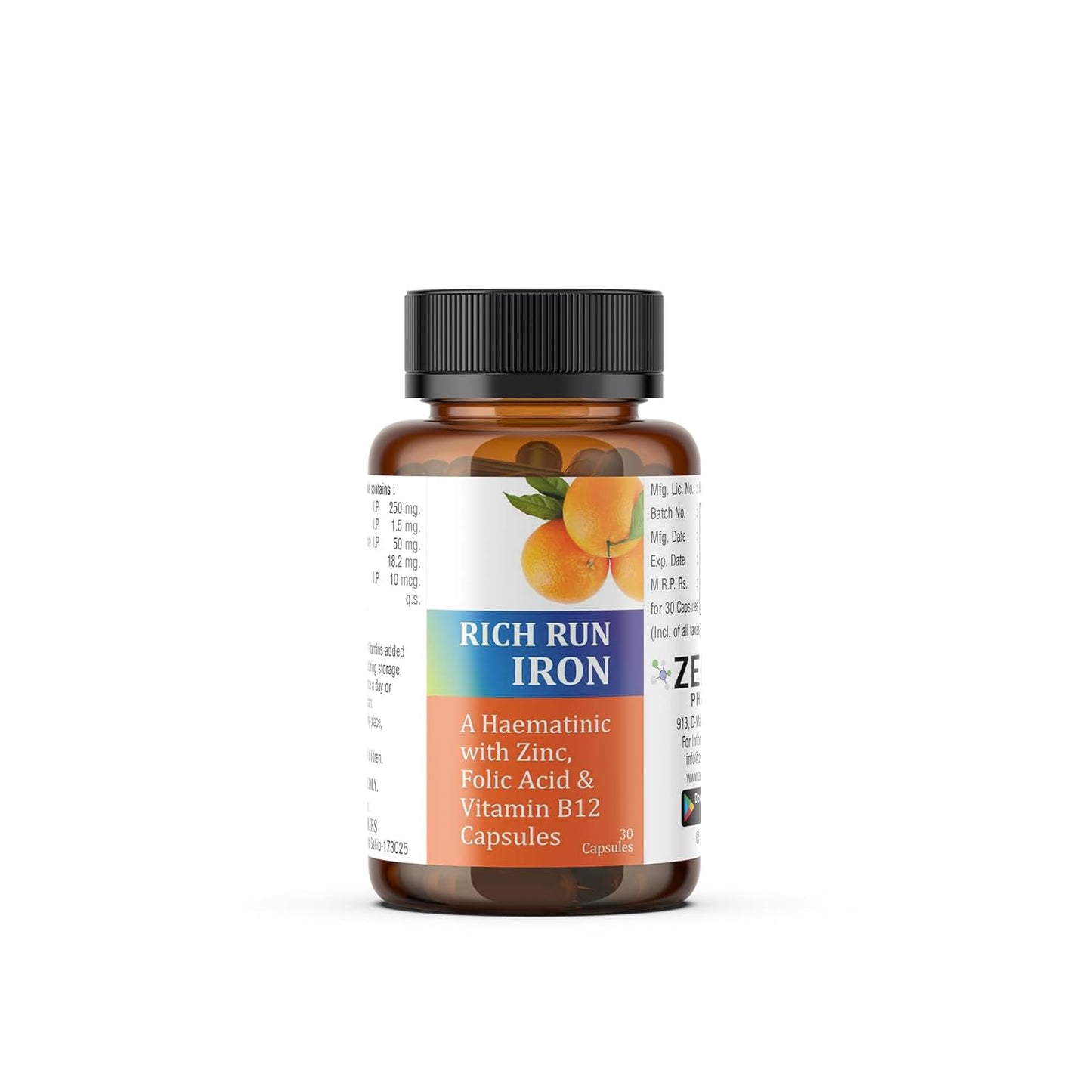 Vitamin supplement bottle labeled 'Rich Run Iron' on a white background
