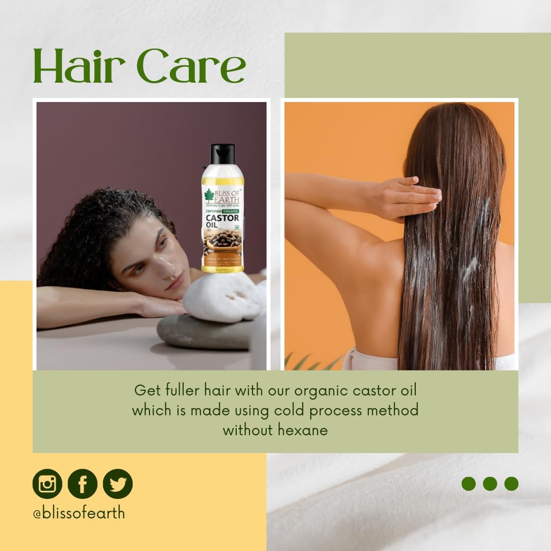 Bliss of Earth Organic Cold Pressed Castor Seed Oil For Hair Growth, Skin & Thicker Eyelashes, Hexane Free Arandi Tel, 100ml