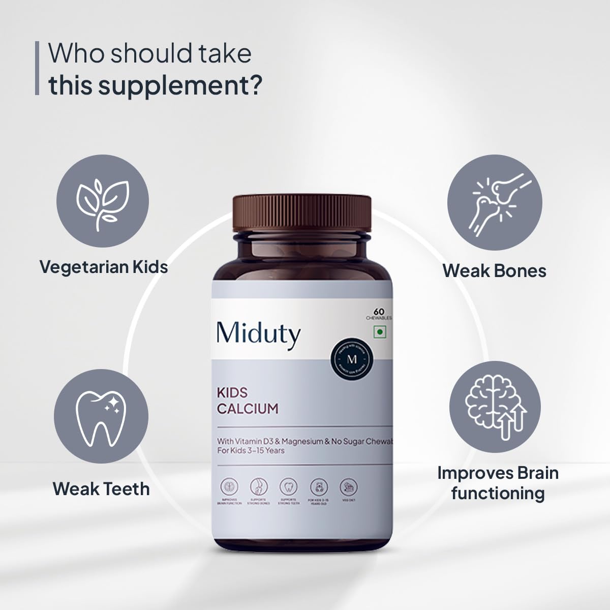 Zephivo Miduty by Palak Notes Kids Calcium with Vitamin D3 - K2 Magnesium No Sugar Added for Strong Bones, Brain Function, Immunity Booster, Strong Teeth Calcium Supplement Kids Multivitamin - 60 Chewables