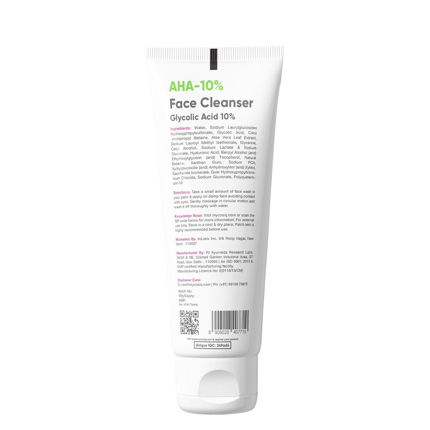 Cos-IQ 10% Glycolic Acid Brightening Face Wash for Glowing Skin | AHA Exfoliating Face Cleanser with Hyaluronic Acid for Hydration | Sulphate-Free & Fragrance-Free | For Men & Women | 100 ml