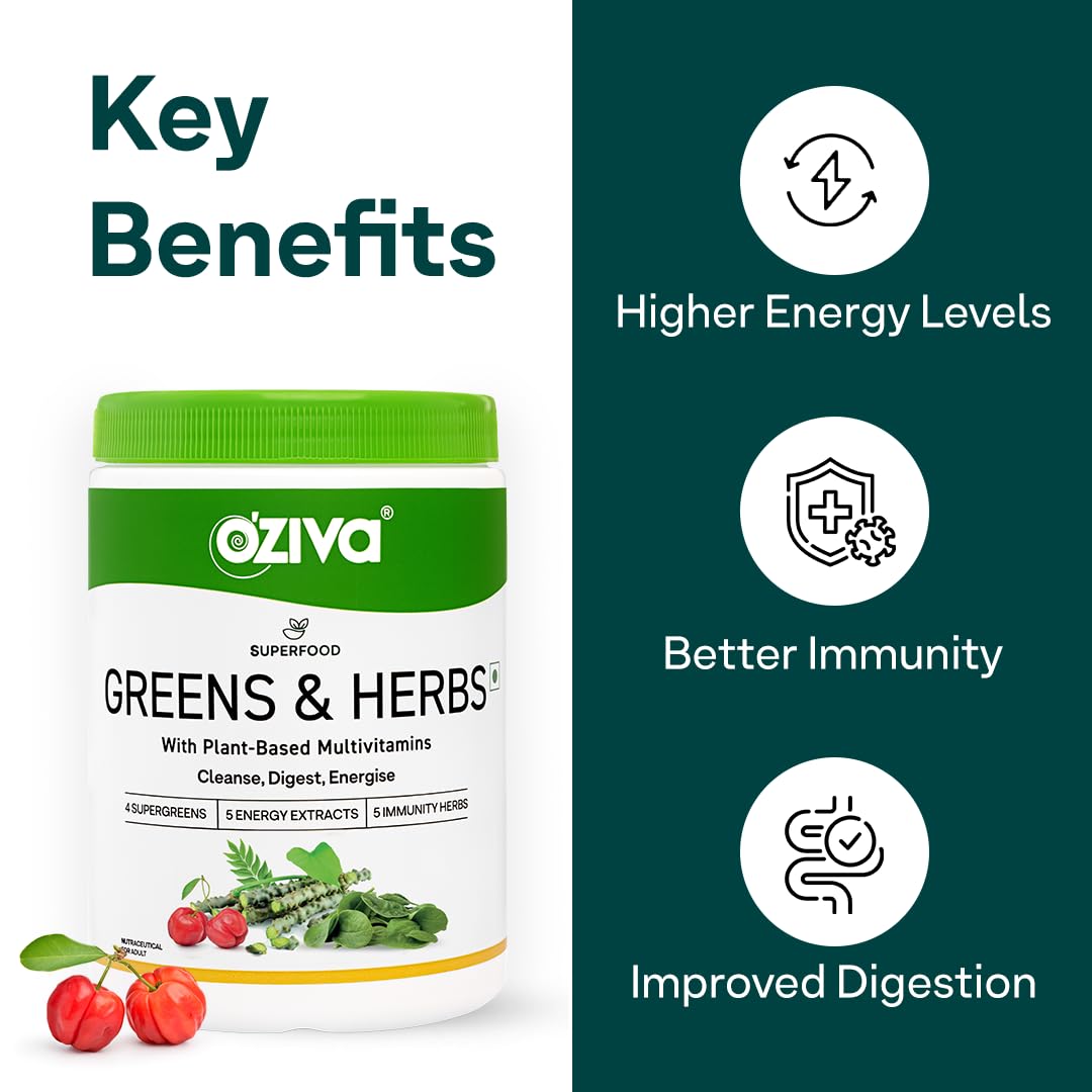 OZiva Superfood Greens & Herbs for Acne Control, Skin Health & Digestion | Daily Greens and 35+ Superfoods, Herbs, Chlorella & Moringa, 200 g
