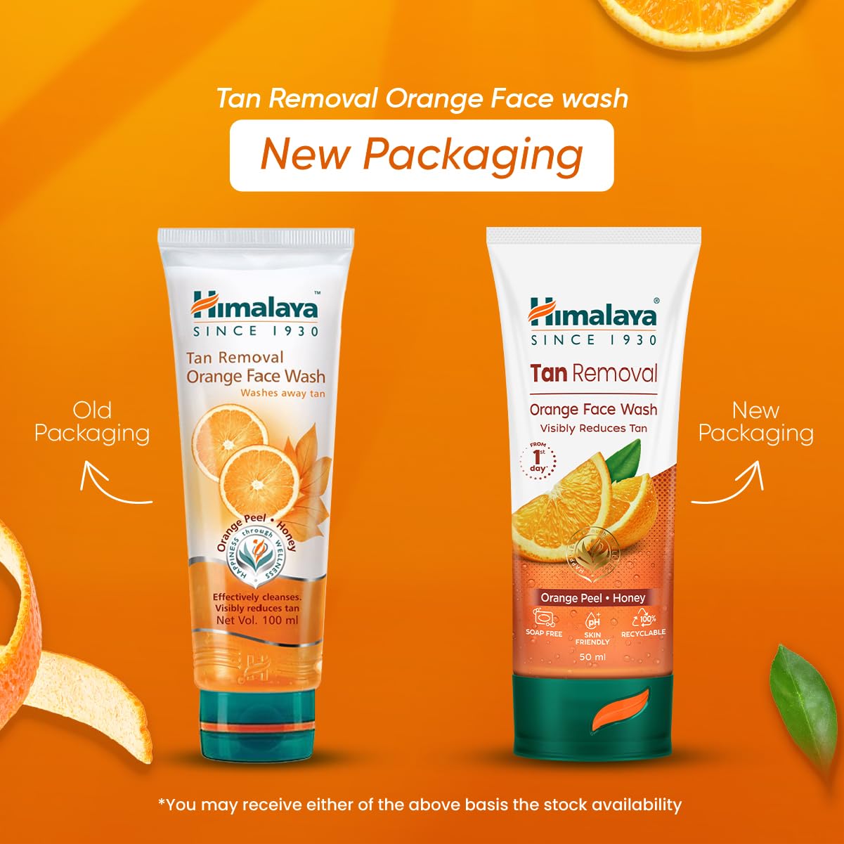 Himalaya Tan Removal Orange Face Wash with old and new packaging on an orange background