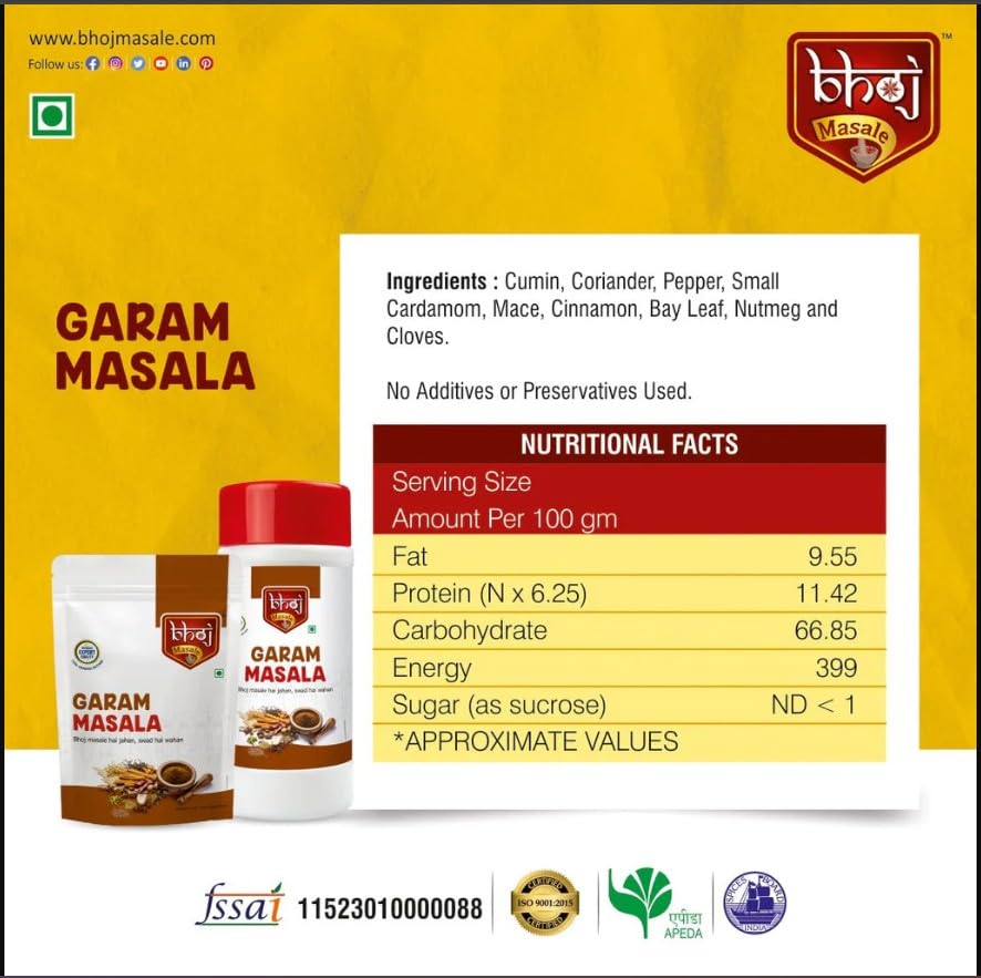 Bhoj Masale Royal Garam Masala Powder- 100GM | Exotic Blend of Ingredients for Daily cooking | Aromatic | Rich in Flavor | Naturally Processed & No Preservatives. No onion and no garlic added (Jain Masala)