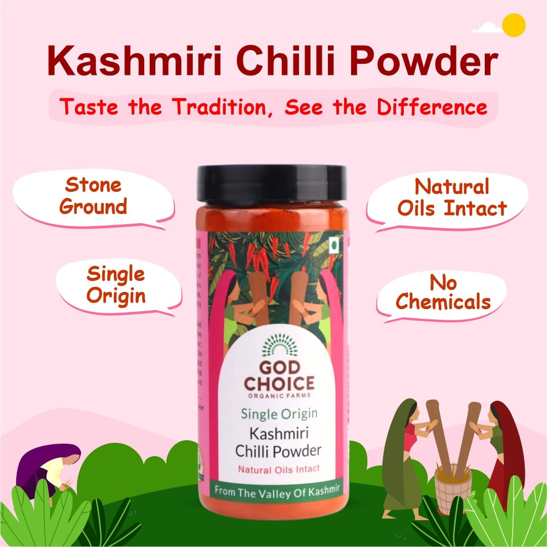GOD CHOICE ORGANIC FARMS Kashmiri Chilli Powder 200G||Sourced from the valley of Kashmir|Stoneground|100% Pure With Natural Oils Intact|No Artificial Colours or Additives|Organic Spicy Masala