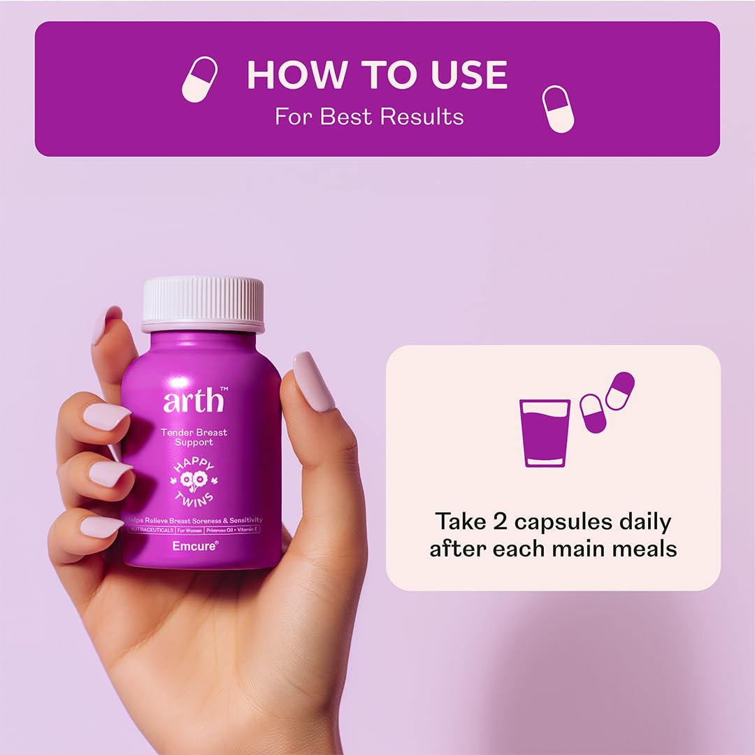 Arth Tender Breast Support, 1000mg Breast Care Capsules | Natural Relief for Breast Discomfort (during hormonal changes) | Helps in breast soreness and sensitivity | Formulated with Evening Primrose Oil, Vitamin E, and Vitamin B6 | 60 Veg Capsules