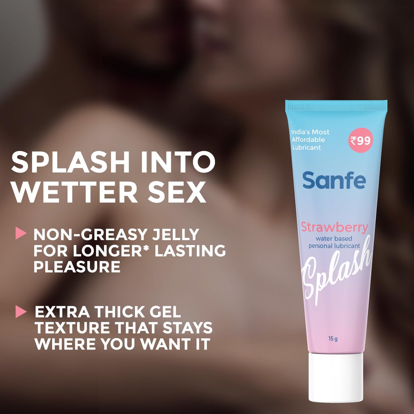 Sanfe Splash Strawberry Lubricant | For intercourse, anal lube, non-Greasy, water based personal lubricant, pH Friendly lube | use with toys, for women & men | Condom Friendly Personal Lube, 15gm